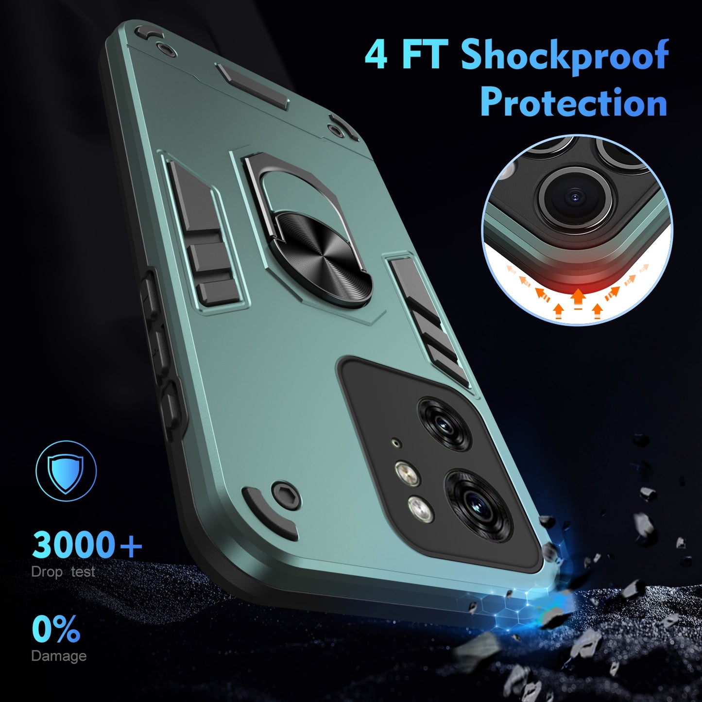 Motorola Edge 40 Shockproof Metal Ring Holder Phone Case with 360 degrees Rotating Kickstand, Ultra Slim Protective Cover, Raised Camera Guard, PC Silicone Armour Shell, Anti-Scratch Back & Edge Protection