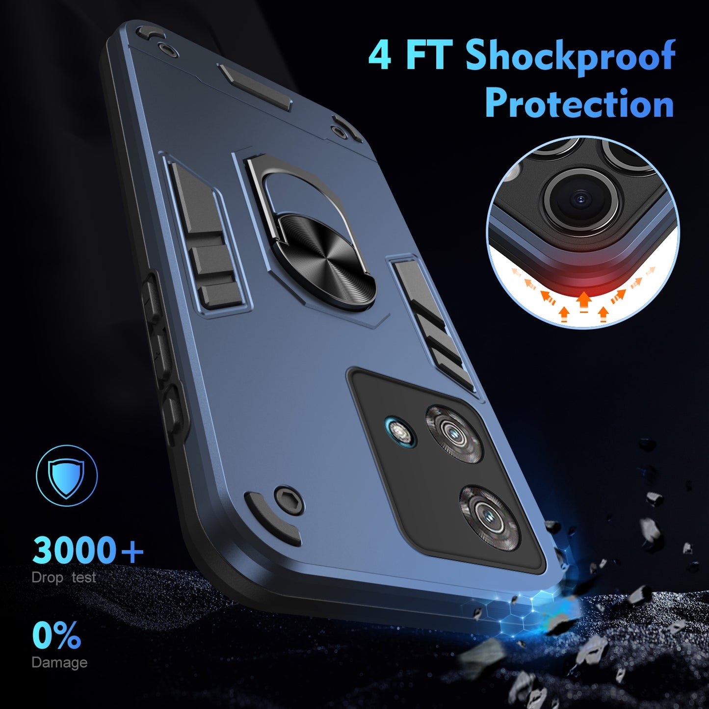 Motorola Edge 40 Neo Shockproof Metal Ring Holder Phone Case with 360 degrees Rotating Kickstand, Ultra Slim Protective Cover, Raised Camera Guard, PC Silicone Armour Shell, Anti-Scratch Back & Edge Protection