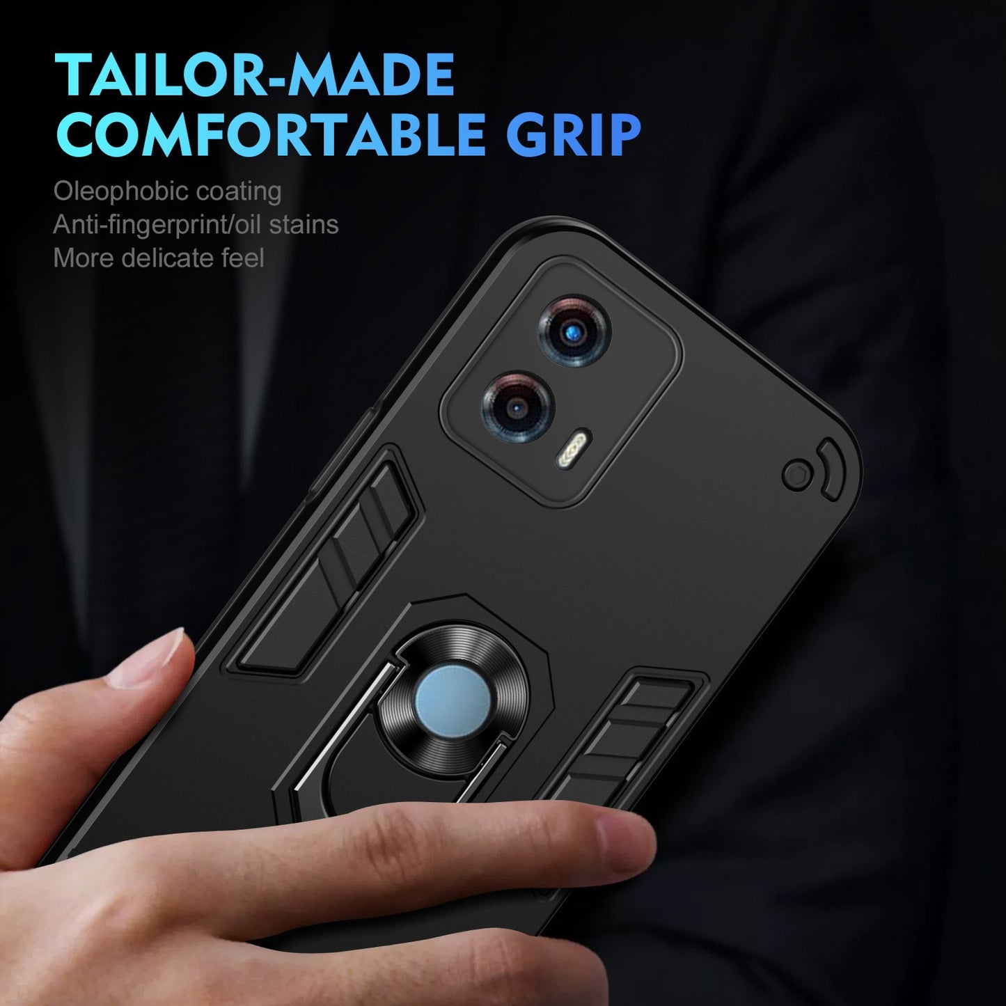 Motorola Moto G 2023 Shockproof Metal Ring Holder Phone Case with 360 degrees Rotating Kickstand, Ultra Slim Protective Cover, Raised Camera Guard, PC Silicone Armour Shell, Anti-Scratch Back & Edge Protection