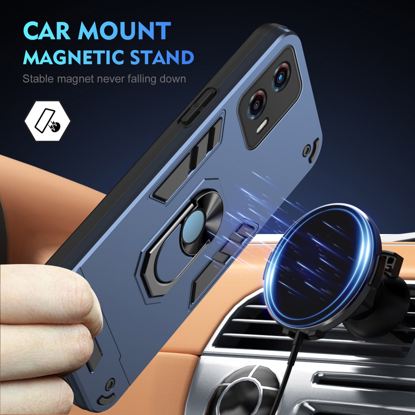 Motorola Moto G 2023 Shockproof Metal Ring Holder Phone Case with 360 degrees Rotating Kickstand, Ultra Slim Protective Cover, Raised Camera Guard, PC Silicone Armour Shell, Anti-Scratch Back & Edge Protection
