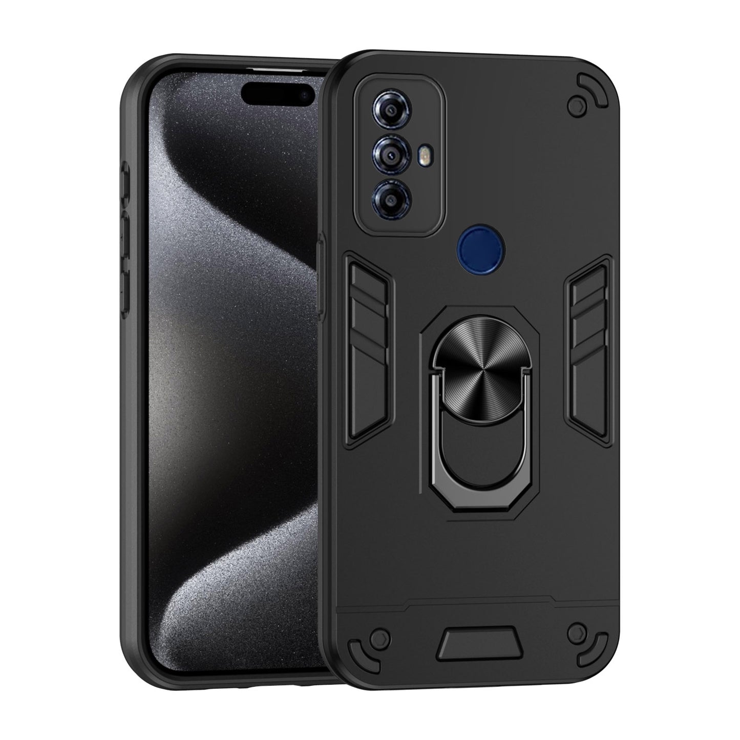 Motorola Moto G Play 2023 Shockproof Metal Ring Holder Phone Case with 360 degrees Rotating Kickstand, Ultra Slim Protective Cover, Raised Camera Guard, PC Silicone Armour Shell, Anti-Scratch Back & Edge Protection