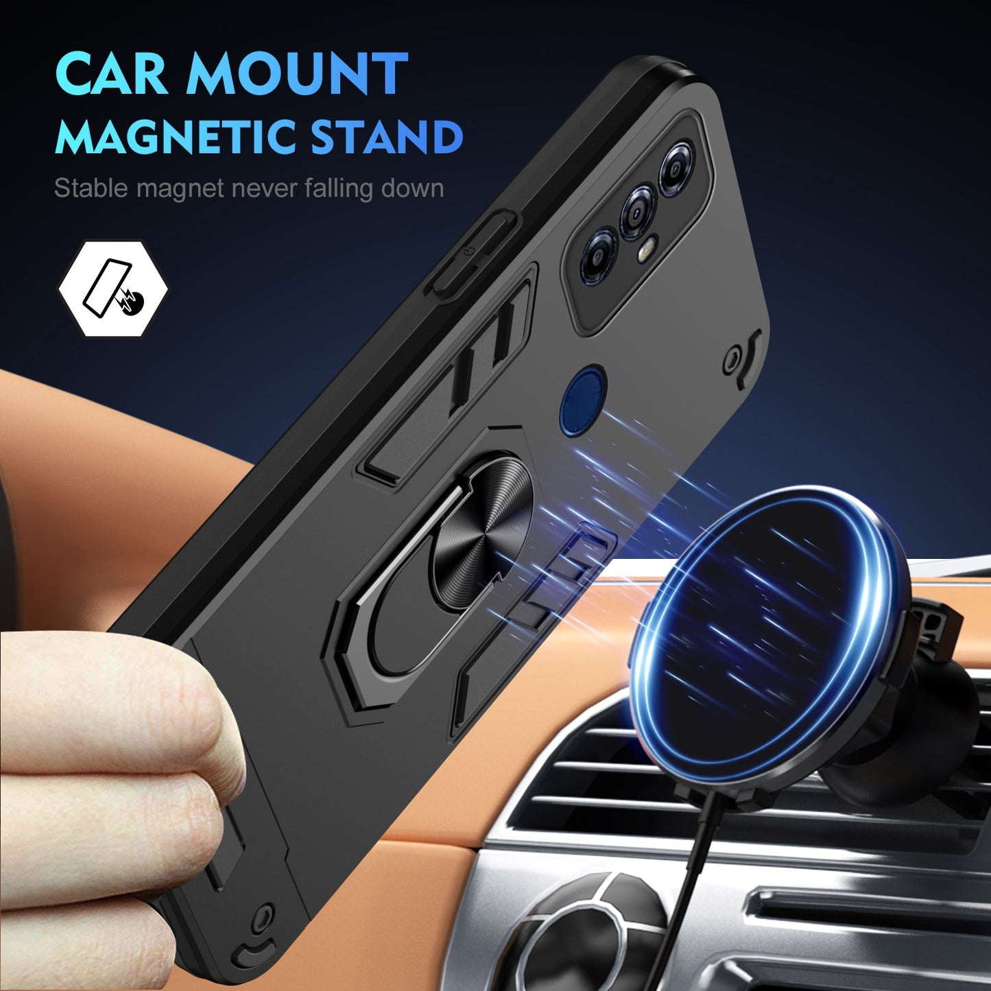 Motorola Moto G Play 2023 Shockproof Metal Ring Holder Phone Case with 360 degrees Rotating Kickstand, Ultra Slim Protective Cover, Raised Camera Guard, PC Silicone Armour Shell, Anti-Scratch Back & Edge Protection