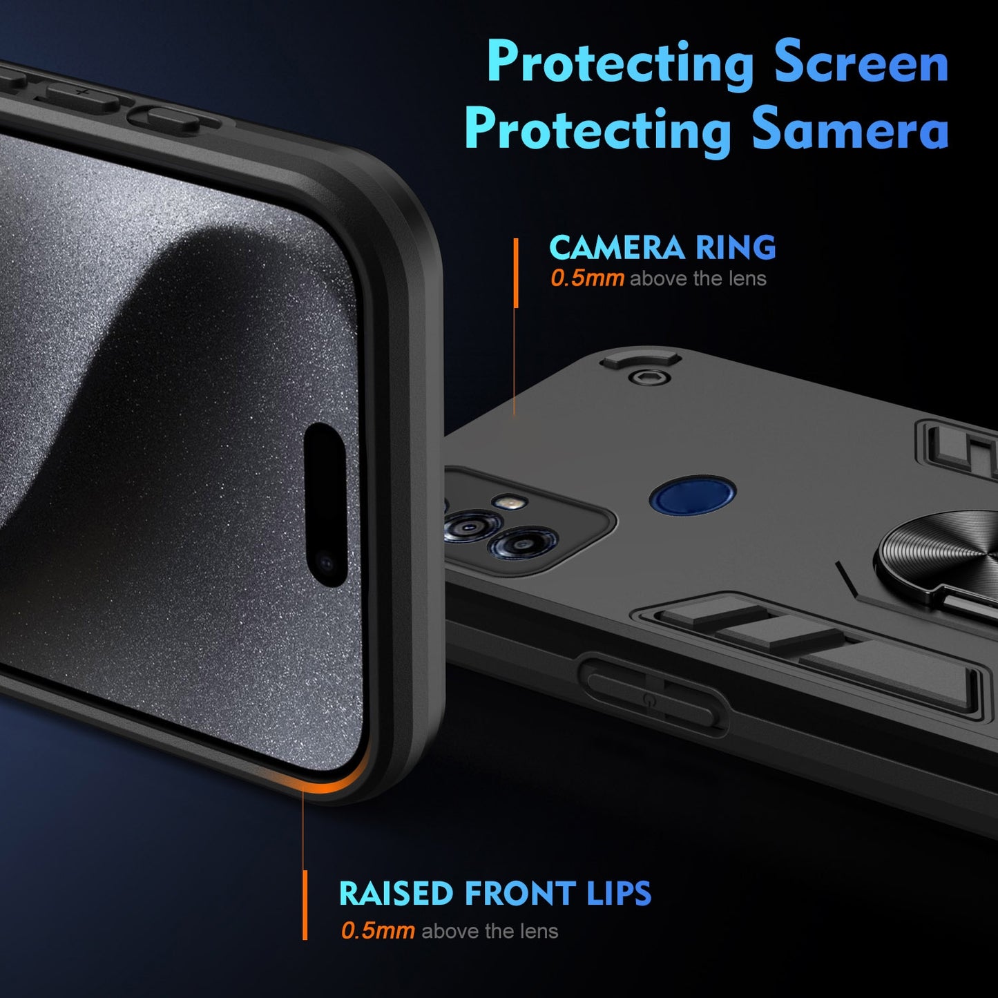 Motorola Moto G Play 2023 Shockproof Metal Ring Holder Phone Case with 360 degrees Rotating Kickstand, Ultra Slim Protective Cover, Raised Camera Guard, PC Silicone Armour Shell, Anti-Scratch Back & Edge Protection