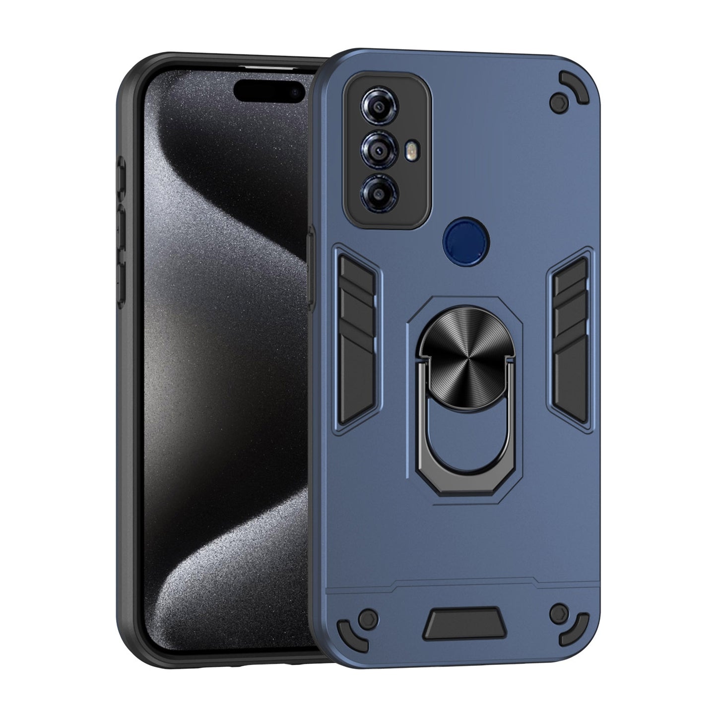 Motorola Moto G Play 2023 Shockproof Metal Ring Holder Phone Case with 360 degrees Rotating Kickstand, Ultra Slim Protective Cover, Raised Camera Guard, PC Silicone Armour Shell, Anti-Scratch Back & Edge Protection
