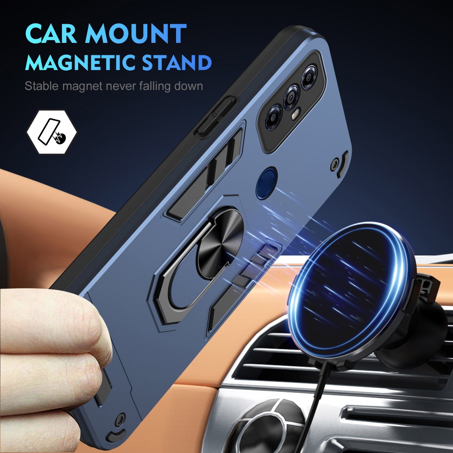 Motorola Moto G Play 2023 Shockproof Metal Ring Holder Phone Case with 360 degrees Rotating Kickstand, Ultra Slim Protective Cover, Raised Camera Guard, PC Silicone Armour Shell, Anti-Scratch Back & Edge Protection