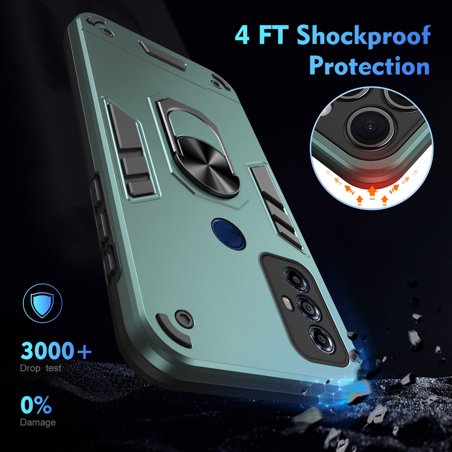 Motorola Moto G Play 2023 Shockproof Metal Ring Holder Phone Case with 360 degrees Rotating Kickstand, Ultra Slim Protective Cover, Raised Camera Guard, PC Silicone Armour Shell, Anti-Scratch Back & Edge Protection