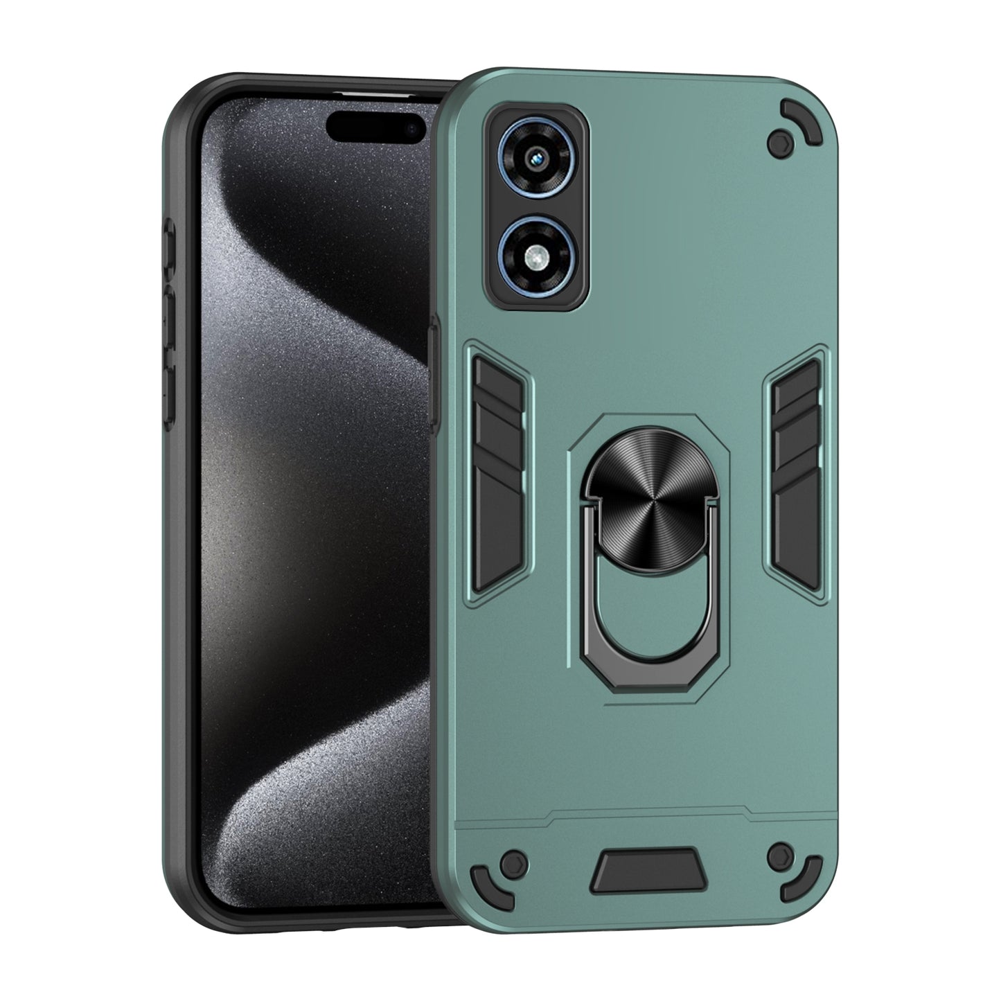 Motorola Moto G Play 2024 Shockproof Metal Ring Holder Phone Case with 360 degrees Rotating Kickstand, Ultra Slim Protective Cover, Raised Camera Guard, PC Silicone Armour Shell, Anti-Scratch Back & Edge Protection