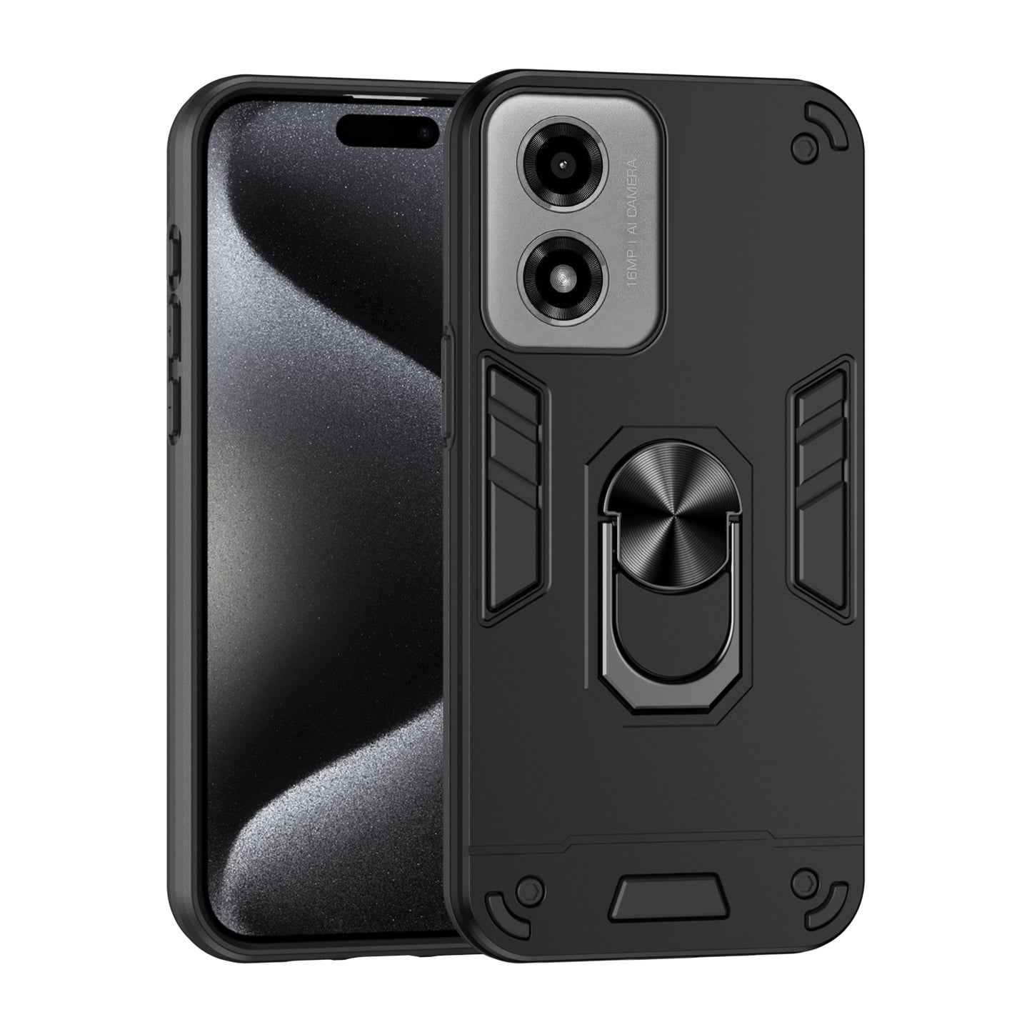 Motorola Moto G04 Shockproof Metal Ring Holder Phone Case with 360 degrees Rotating Kickstand, Ultra Slim Protective Cover, Raised Camera Guard, PC Silicone Armour Shell, Anti-Scratch Back & Edge Protection