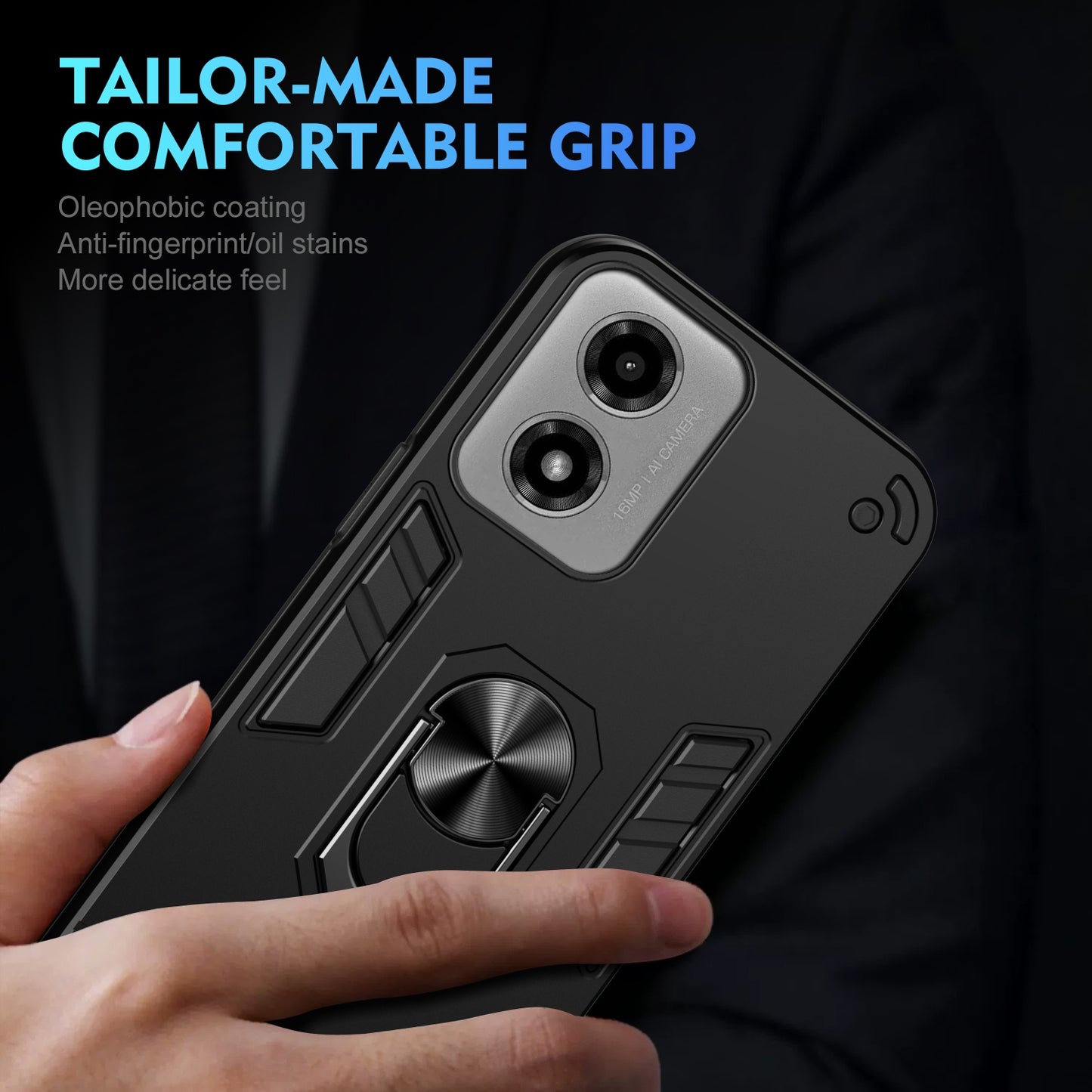 Motorola Moto G04 Shockproof Metal Ring Holder Phone Case with 360 degrees Rotating Kickstand, Ultra Slim Protective Cover, Raised Camera Guard, PC Silicone Armour Shell, Anti-Scratch Back & Edge Protection