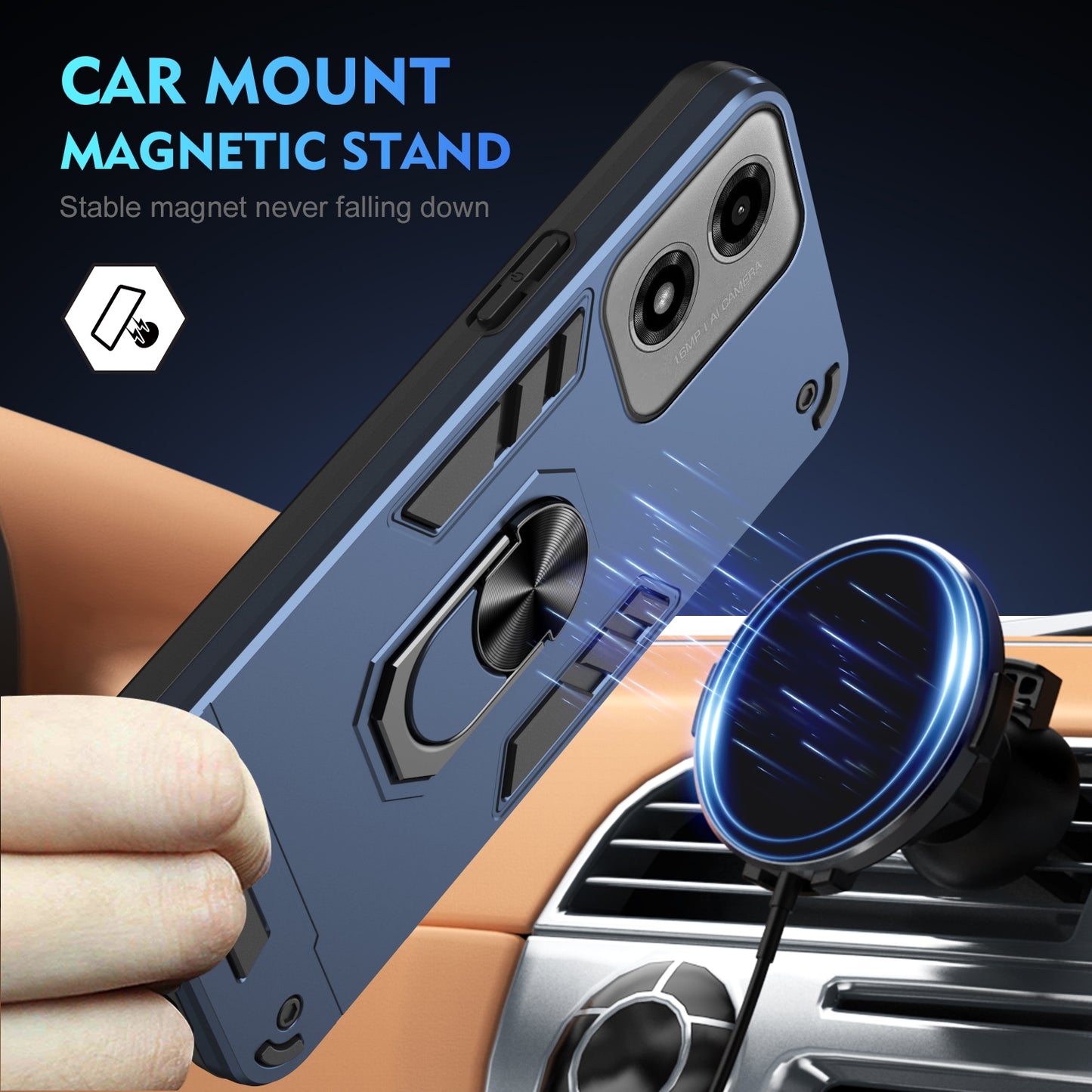 Motorola Moto G04 Shockproof Metal Ring Holder Phone Case with 360 degrees Rotating Kickstand, Ultra Slim Protective Cover, Raised Camera Guard, PC Silicone Armour Shell, Anti-Scratch Back & Edge Protection