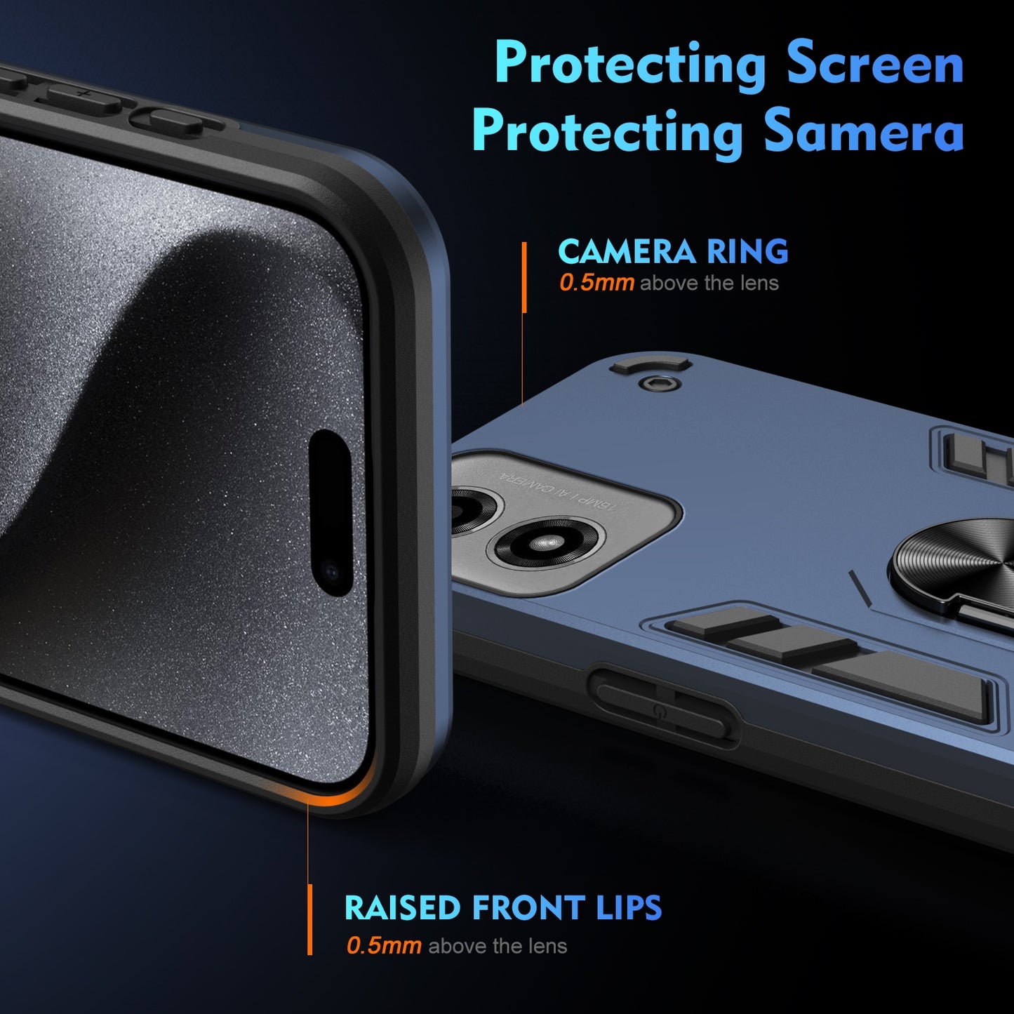 Motorola Moto G04 Shockproof Metal Ring Holder Phone Case with 360 degrees Rotating Kickstand, Ultra Slim Protective Cover, Raised Camera Guard, PC Silicone Armour Shell, Anti-Scratch Back & Edge Protection
