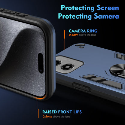 Motorola Moto G04 Shockproof Metal Ring Holder Phone Case with 360 degrees Rotating Kickstand, Ultra Slim Protective Cover, Raised Camera Guard, PC Silicone Armour Shell, Anti-Scratch Back & Edge Protection