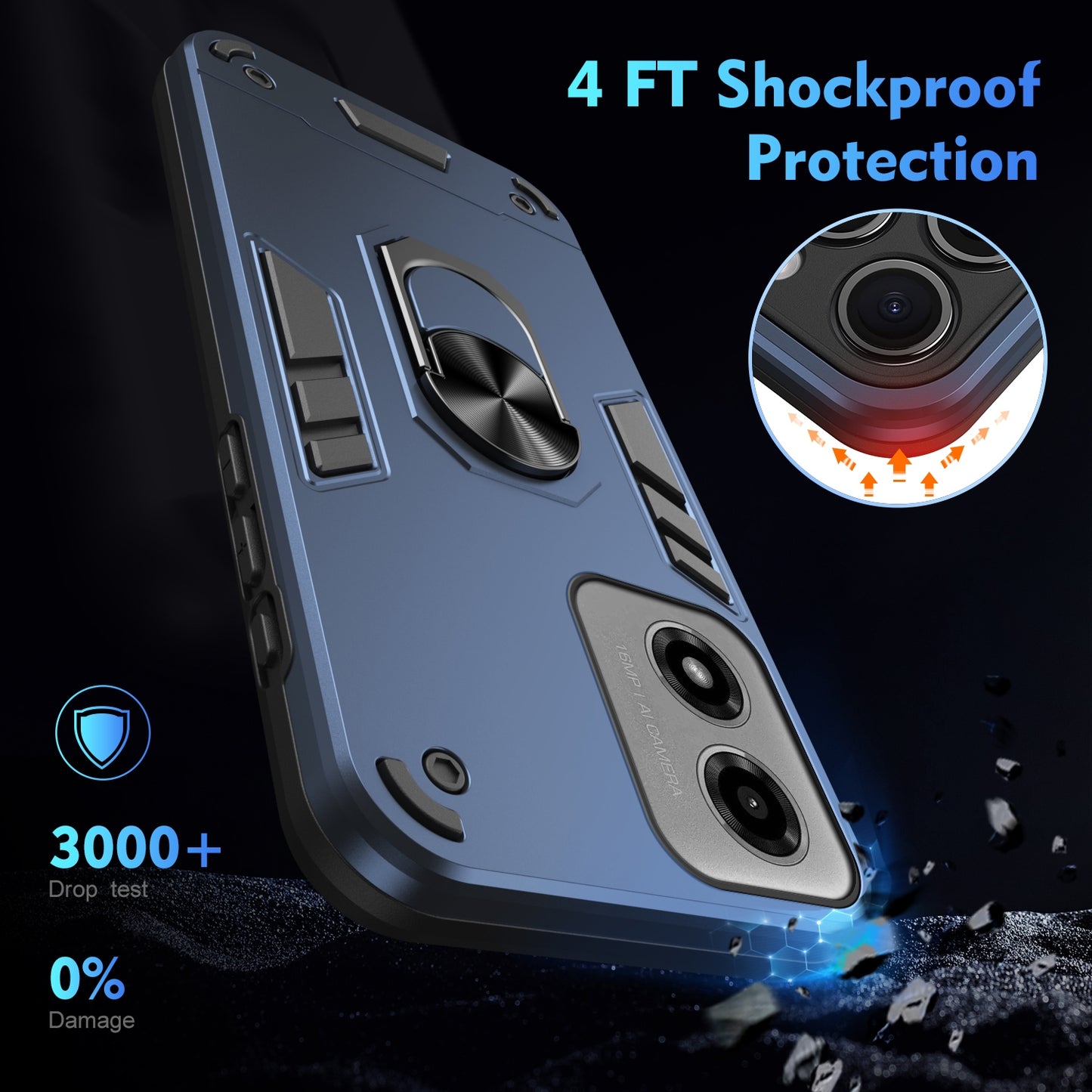 Motorola Moto G04 Shockproof Metal Ring Holder Phone Case with 360 degrees Rotating Kickstand, Ultra Slim Protective Cover, Raised Camera Guard, PC Silicone Armour Shell, Anti-Scratch Back & Edge Protection
