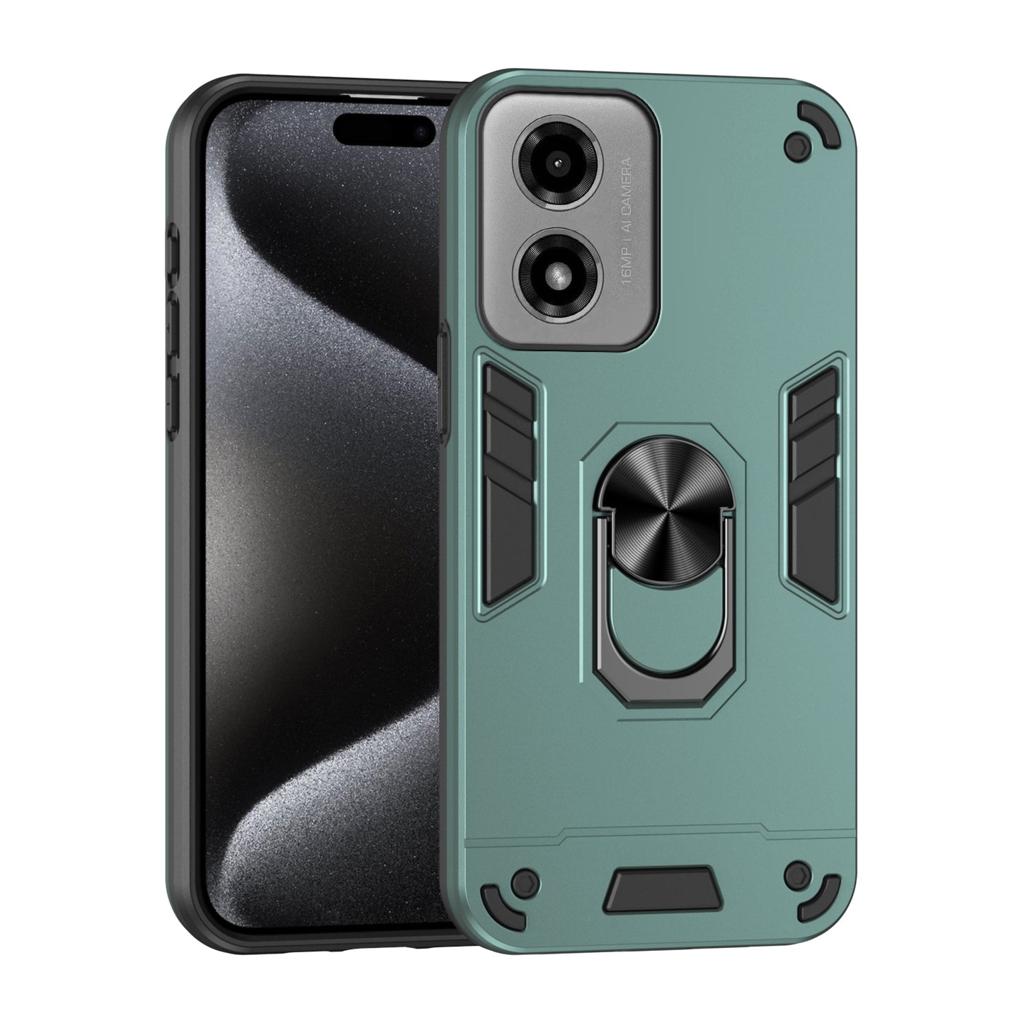 Motorola Moto G04 Shockproof Metal Ring Holder Phone Case with 360 degrees Rotating Kickstand, Ultra Slim Protective Cover, Raised Camera Guard, PC Silicone Armour Shell, Anti-Scratch Back & Edge Protection