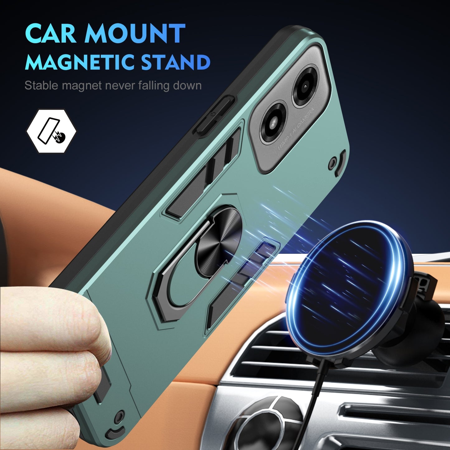 Motorola Moto G04 Shockproof Metal Ring Holder Phone Case with 360 degrees Rotating Kickstand, Ultra Slim Protective Cover, Raised Camera Guard, PC Silicone Armour Shell, Anti-Scratch Back & Edge Protection
