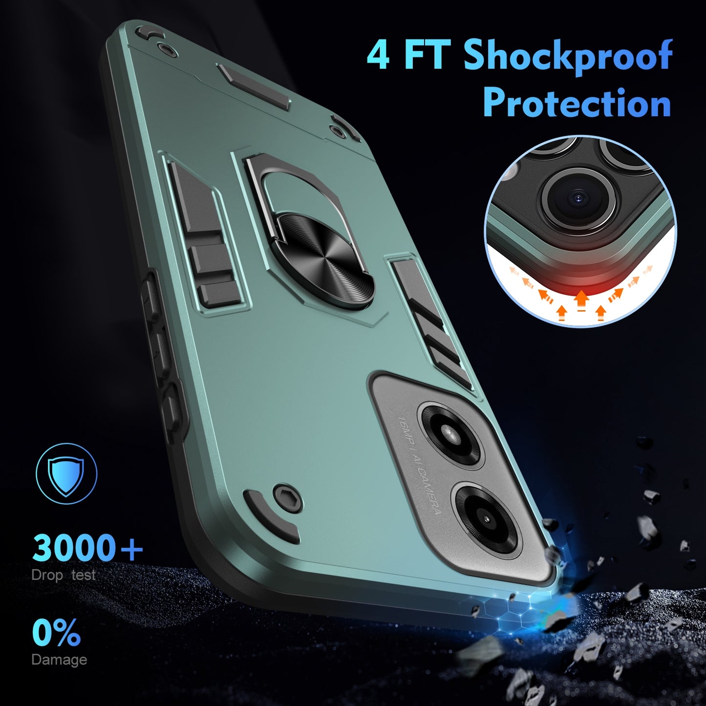 Motorola Moto G04 Shockproof Metal Ring Holder Phone Case with 360 degrees Rotating Kickstand, Ultra Slim Protective Cover, Raised Camera Guard, PC Silicone Armour Shell, Anti-Scratch Back & Edge Protection