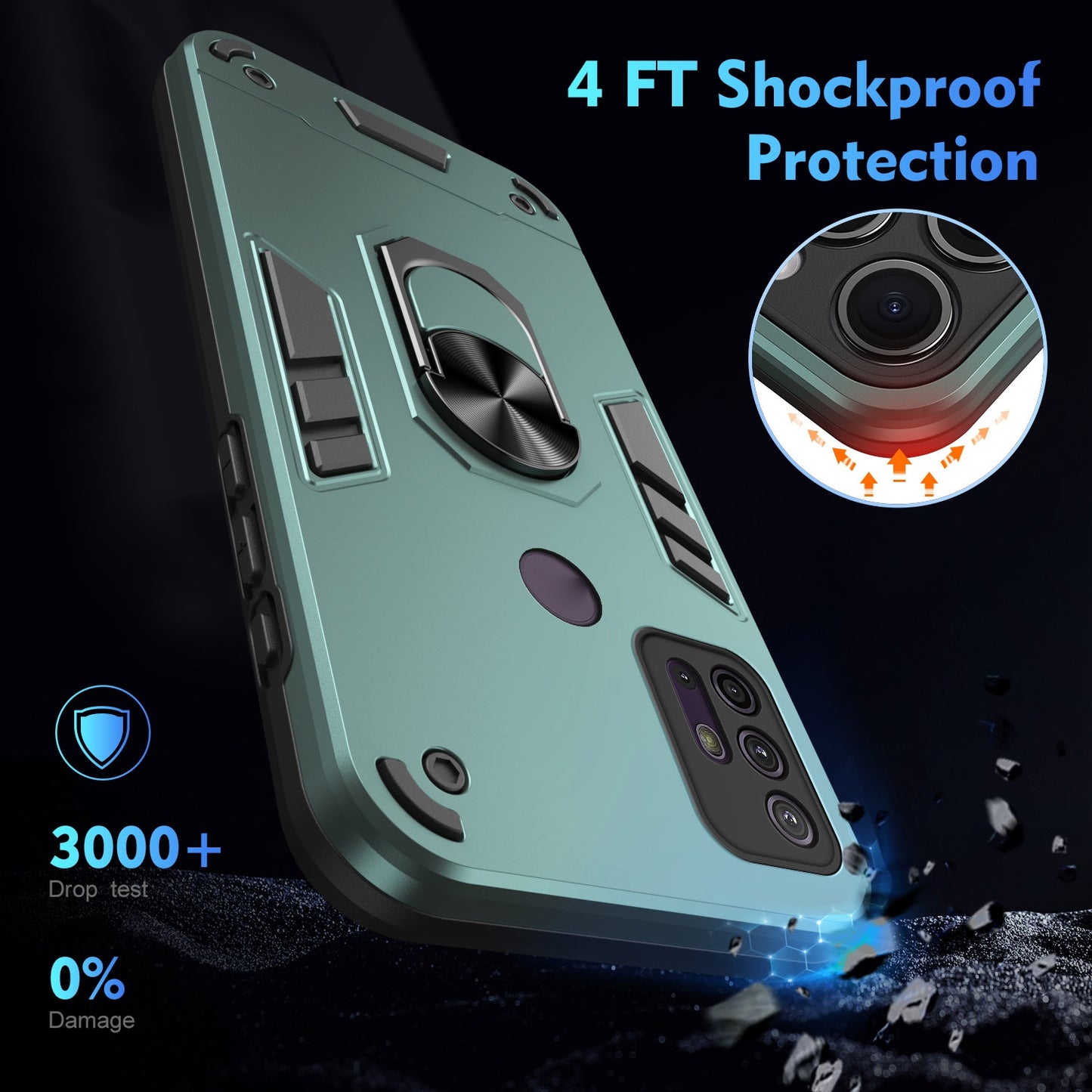 Motorola Moto G10 Shockproof Metal Ring Holder Phone Case with 360 degrees Rotating Kickstand, Ultra Slim Protective Cover, Raised Camera Guard, PC Silicone Armour Shell, Anti-Scratch Back & Edge Protection