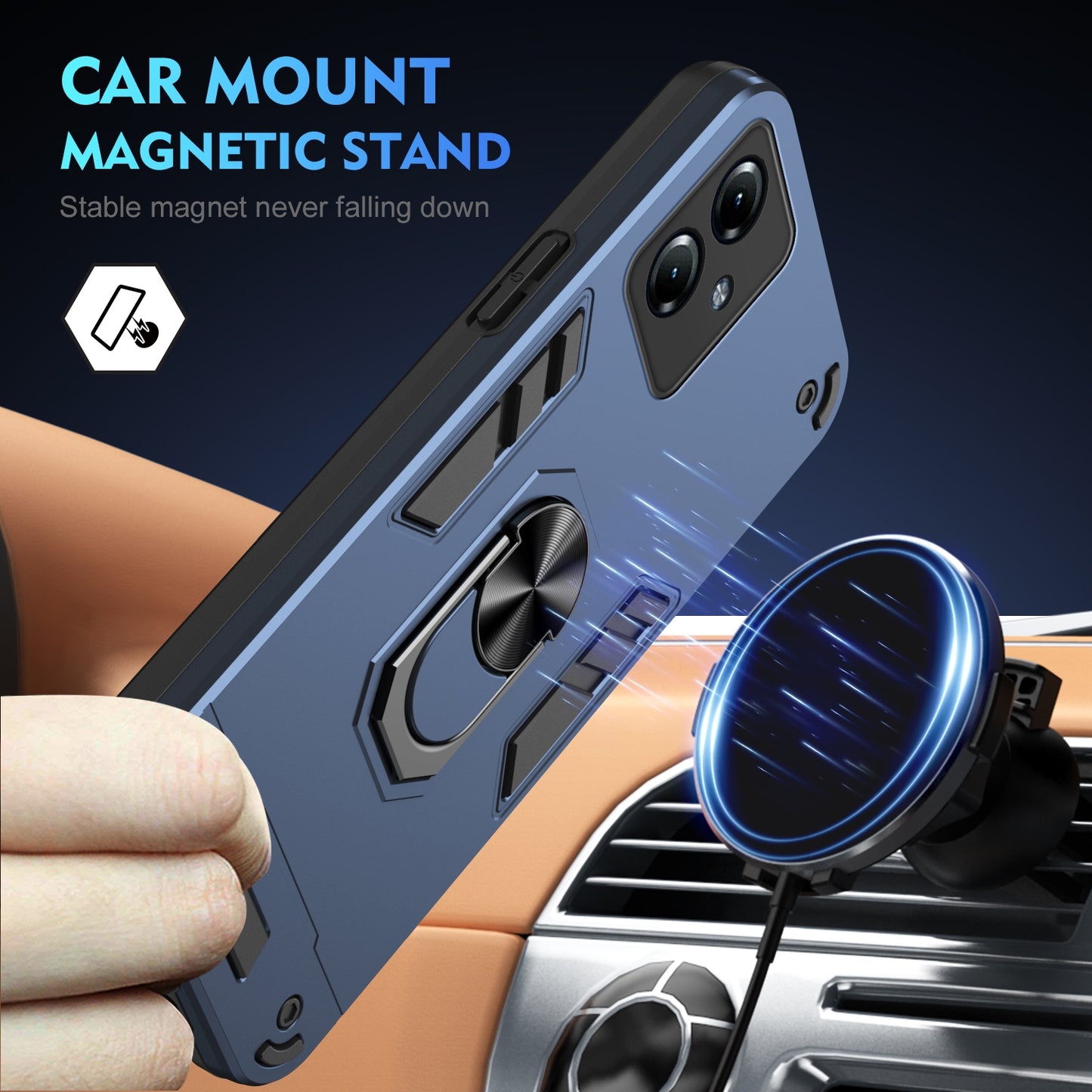 Motorola Moto G14 Shockproof Metal Ring Holder Phone Case with 360 degrees Rotating Kickstand, Ultra Slim Protective Cover, Raised Camera Guard, PC Silicone Armour Shell, Anti-Scratch Back & Edge Protection