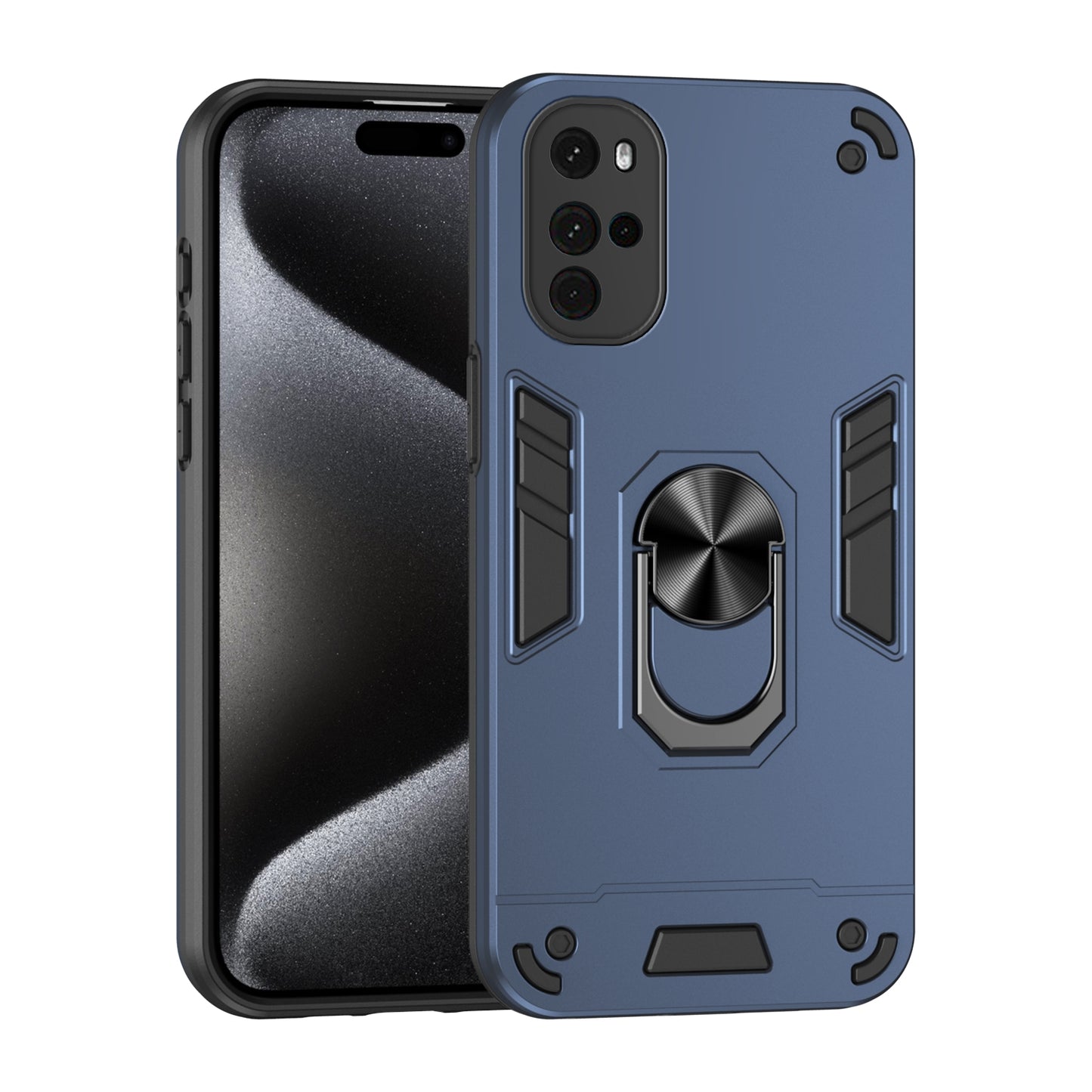 Motorola Moto G22 Shockproof Metal Ring Holder Phone Case with 360 degrees Rotating Kickstand, Ultra Slim Protective Cover, Raised Camera Guard, PC Silicone Armour Shell, Anti-Scratch Back & Edge Protection