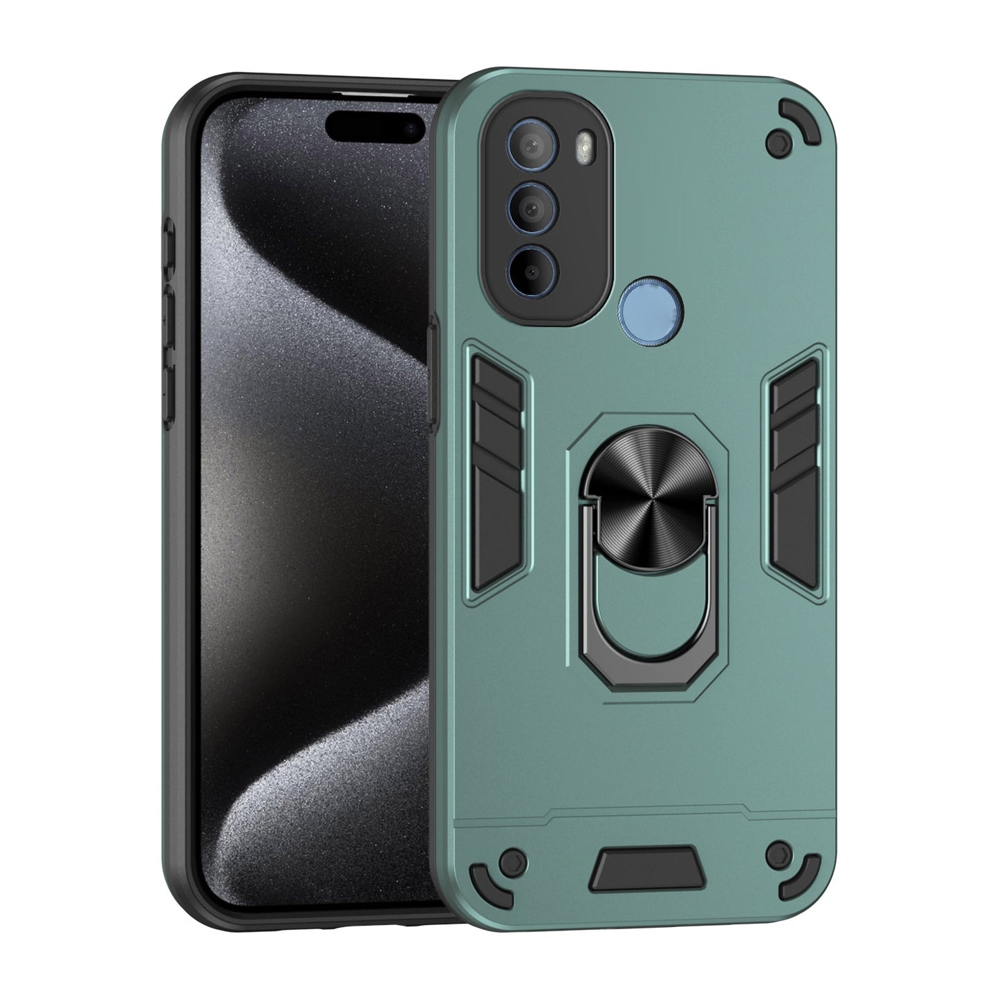 Motorola Moto G31 Shockproof Metal Ring Holder Phone Case with 360 degrees Rotating Kickstand, Ultra Slim Protective Cover, Raised Camera Guard, PC Silicone Armour Shell, Anti-Scratch Back & Edge Protection