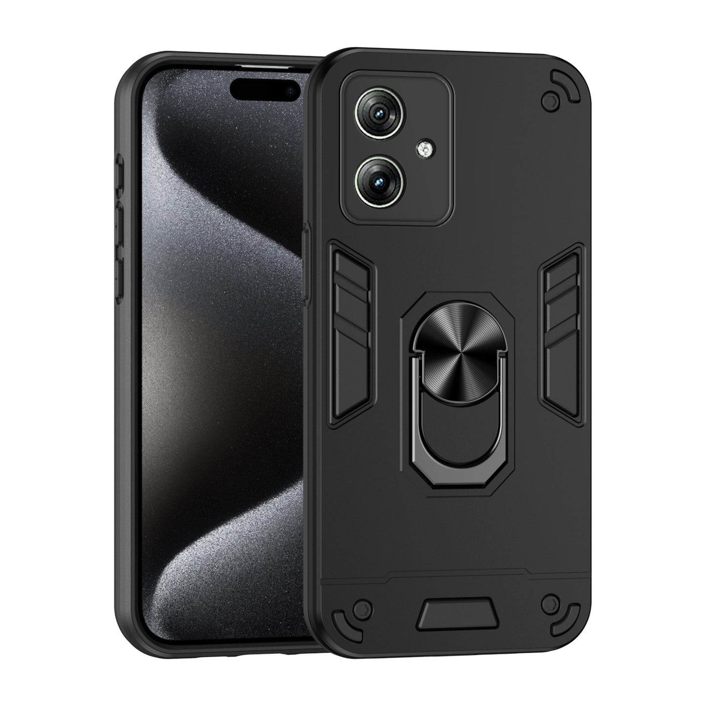 Motorola Moto G54 Shockproof Metal Ring Holder Phone Case with 360 degrees Rotating Kickstand, Ultra Slim Protective Cover, Raised Camera Guard, PC Silicone Armour Shell, Anti-Scratch Back & Edge Protection