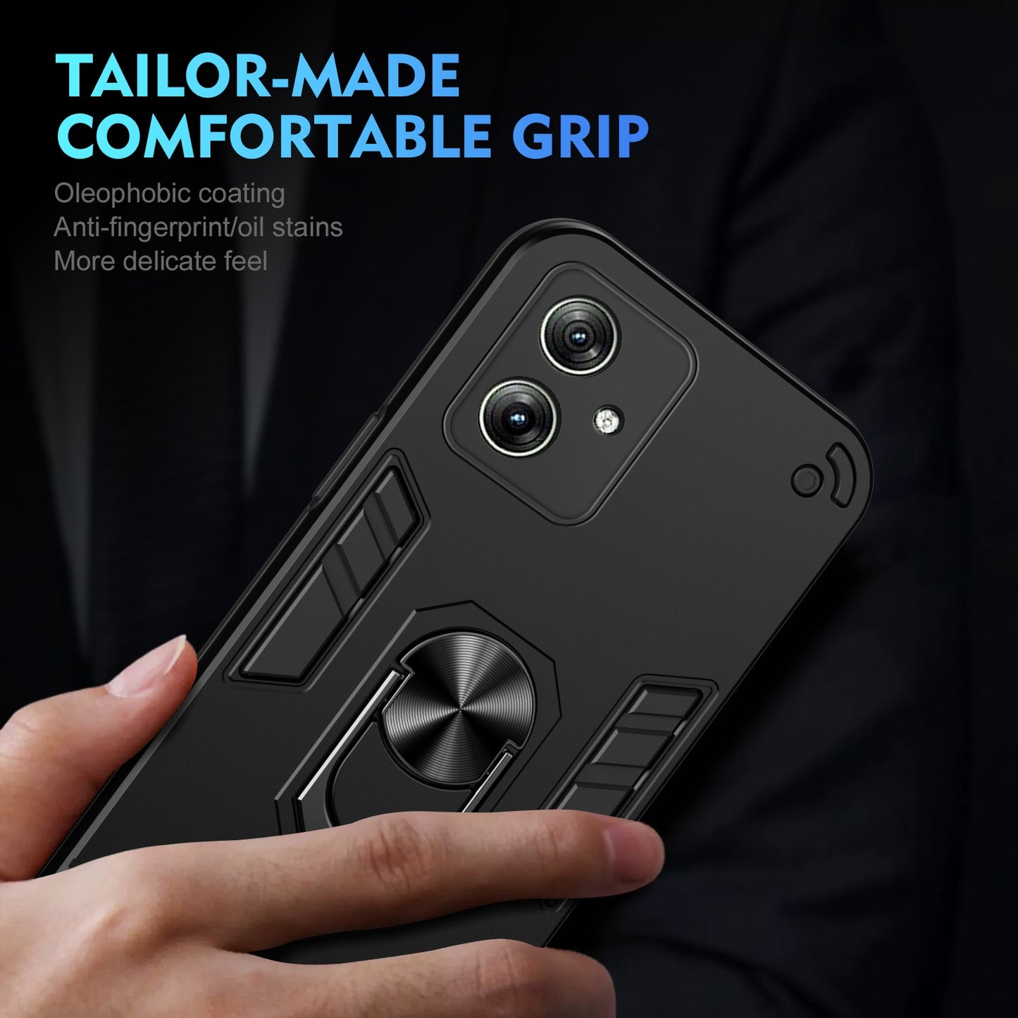 Motorola Moto G54 Shockproof Metal Ring Holder Phone Case with 360 degrees Rotating Kickstand, Ultra Slim Protective Cover, Raised Camera Guard, PC Silicone Armour Shell, Anti-Scratch Back & Edge Protection