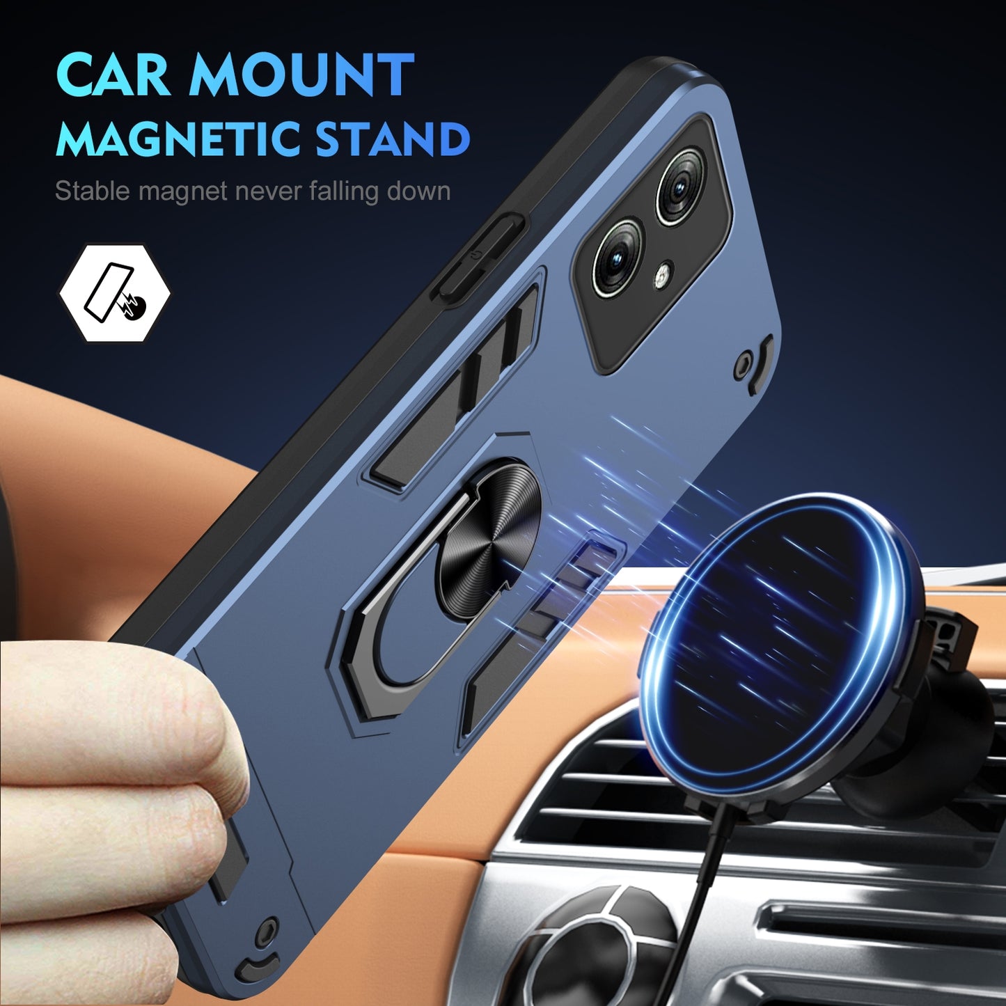Motorola Moto G54 Shockproof Metal Ring Holder Phone Case with 360 degrees Rotating Kickstand, Ultra Slim Protective Cover, Raised Camera Guard, PC Silicone Armour Shell, Anti-Scratch Back & Edge Protection