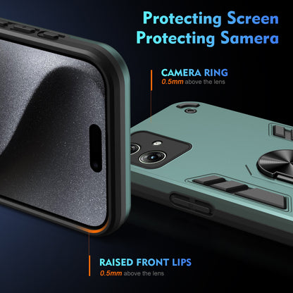 Motorola Moto G54 Shockproof Metal Ring Holder Phone Case with 360 degrees Rotating Kickstand, Ultra Slim Protective Cover, Raised Camera Guard, PC Silicone Armour Shell, Anti-Scratch Back & Edge Protection