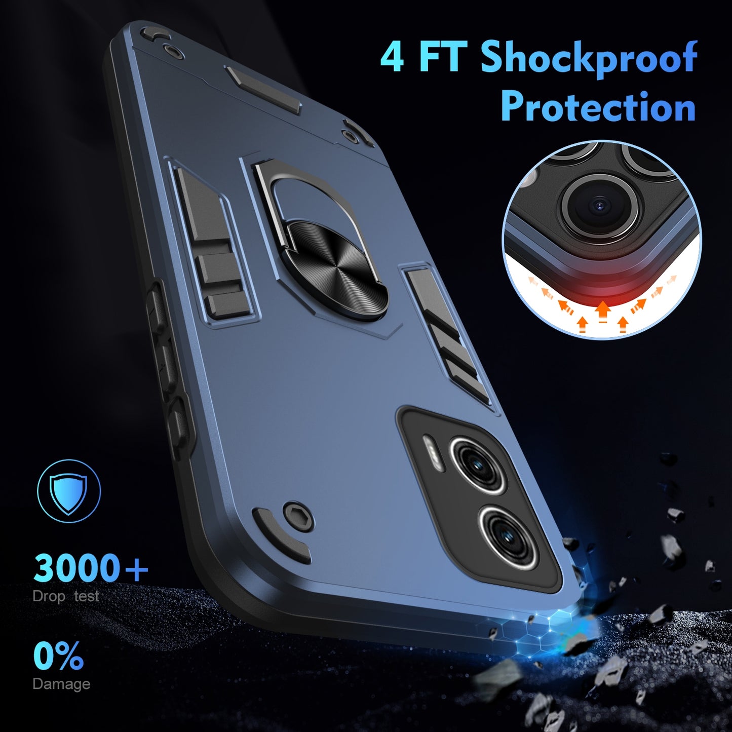 Motorola Moto G73 Shockproof Metal Ring Holder Phone Case with 360 degrees Rotating Kickstand, Ultra Slim Protective Cover, Raised Camera Guard, PC Silicone Armour Shell, Anti-Scratch Back & Edge Protection