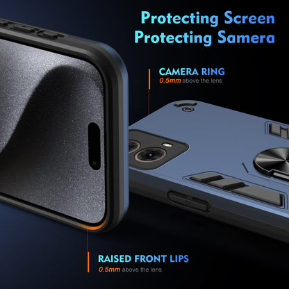 Motorola Moto G85 Shockproof Metal Ring Holder Phone Case with 360 degrees Rotating Kickstand, Ultra Slim Protective Cover, Raised Camera Guard, PC Silicone Armour Shell, Anti-Scratch Back & Edge Protection