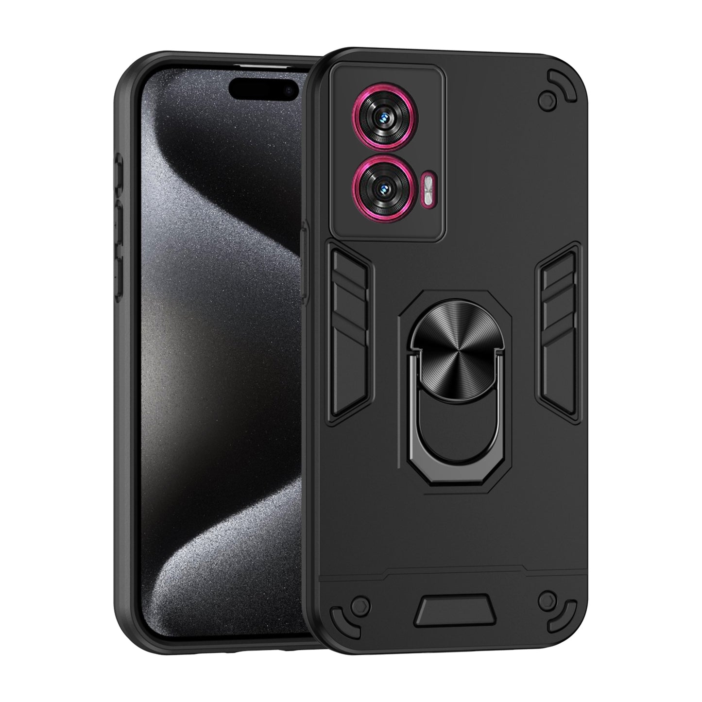 Motorola Edge 50 Fusion Shockproof Metal Ring Holder Phone Case with 360 degrees Rotating Kickstand, Ultra Slim Protective Cover, Raised Camera Guard, PC Silicone Armour Shell, Anti-Scratch Back & Edge Protection