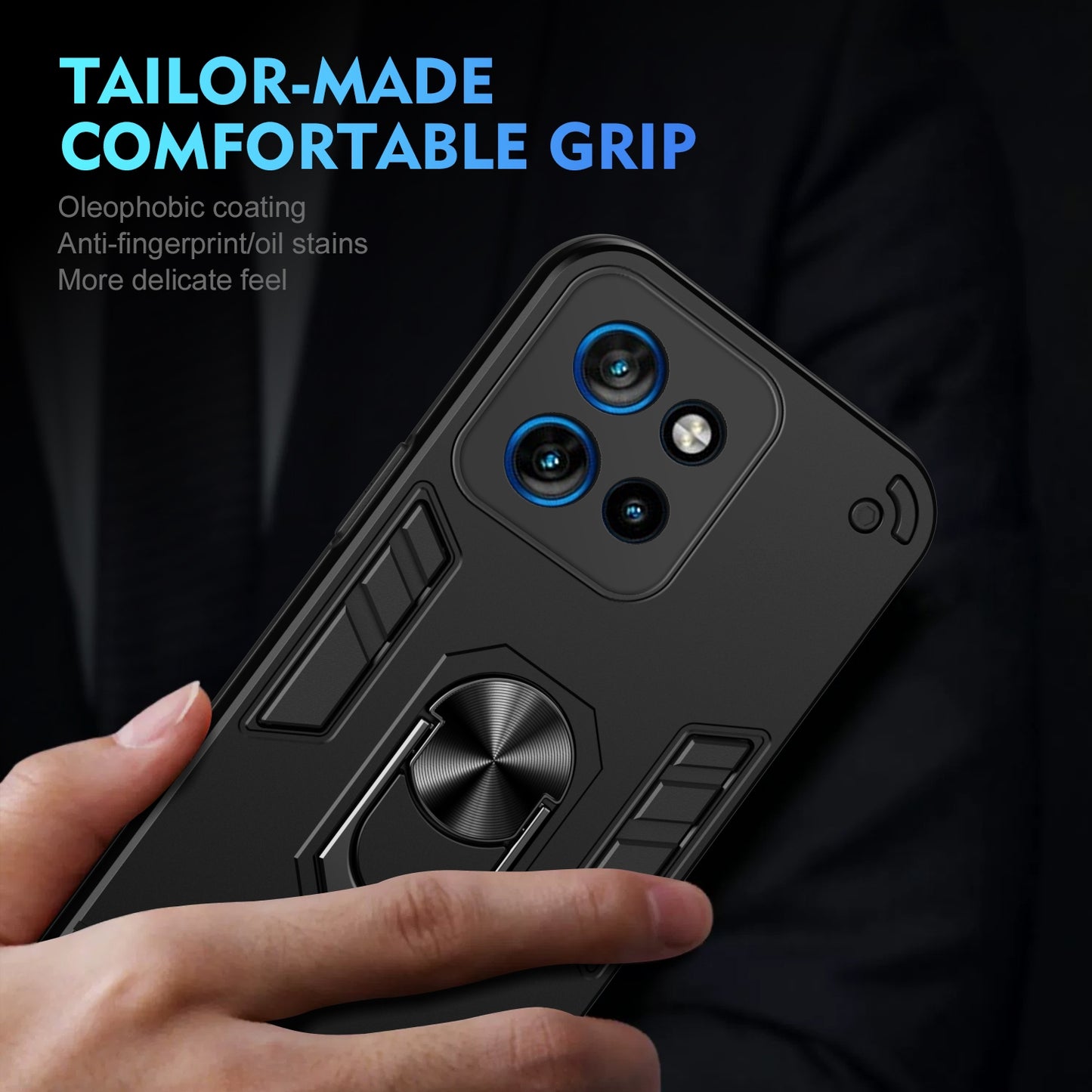 Motorola Edge 50 Neo Shockproof Metal Ring Holder Phone Case with 360 degrees Rotating Kickstand, Ultra Slim Protective Cover, Raised Camera Guard, PC Silicone Armour Shell, Anti-Scratch Back & Edge Protection