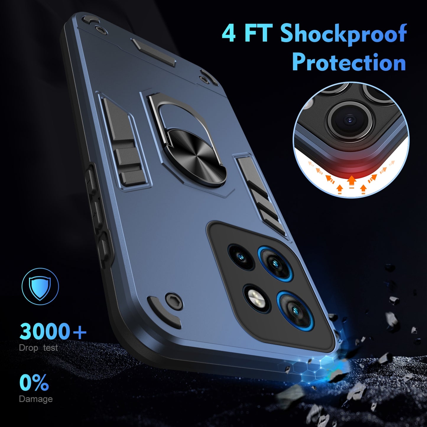 Motorola Edge 50 Neo Shockproof Metal Ring Holder Phone Case with 360 degrees Rotating Kickstand, Ultra Slim Protective Cover, Raised Camera Guard, PC Silicone Armour Shell, Anti-Scratch Back & Edge Protection