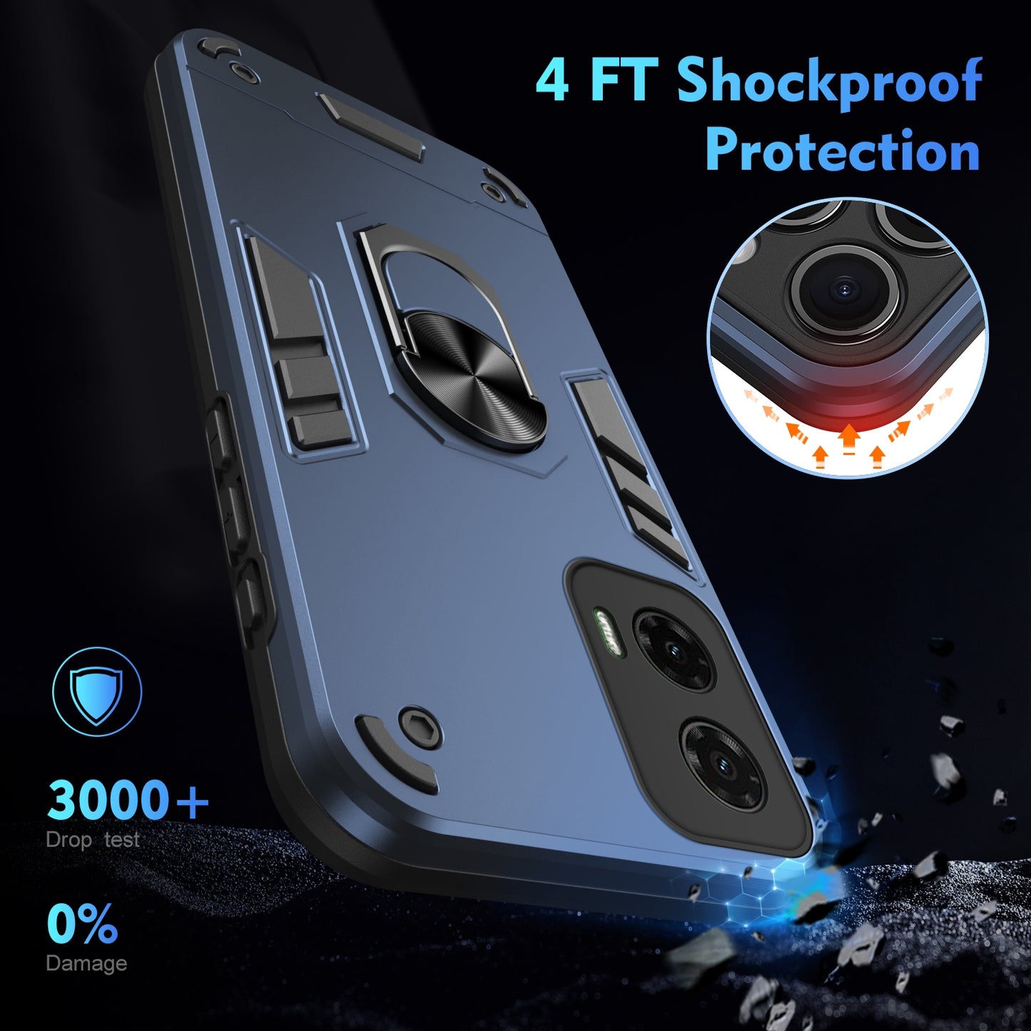Motorola Moto G35 Shockproof Metal Ring Holder Phone Case with 360 degrees Rotating Kickstand, Ultra Slim Protective Cover, Raised Camera Guard, PC Silicone Armour Shell, Anti-Scratch Back & Edge Protection