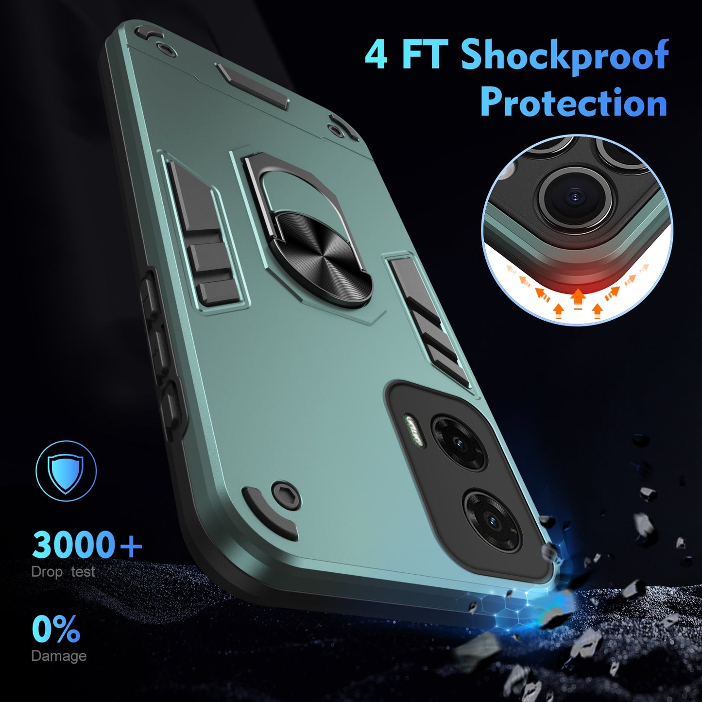 Motorola Moto G35 Shockproof Metal Ring Holder Phone Case with 360 degrees Rotating Kickstand, Ultra Slim Protective Cover, Raised Camera Guard, PC Silicone Armour Shell, Anti-Scratch Back & Edge Protection
