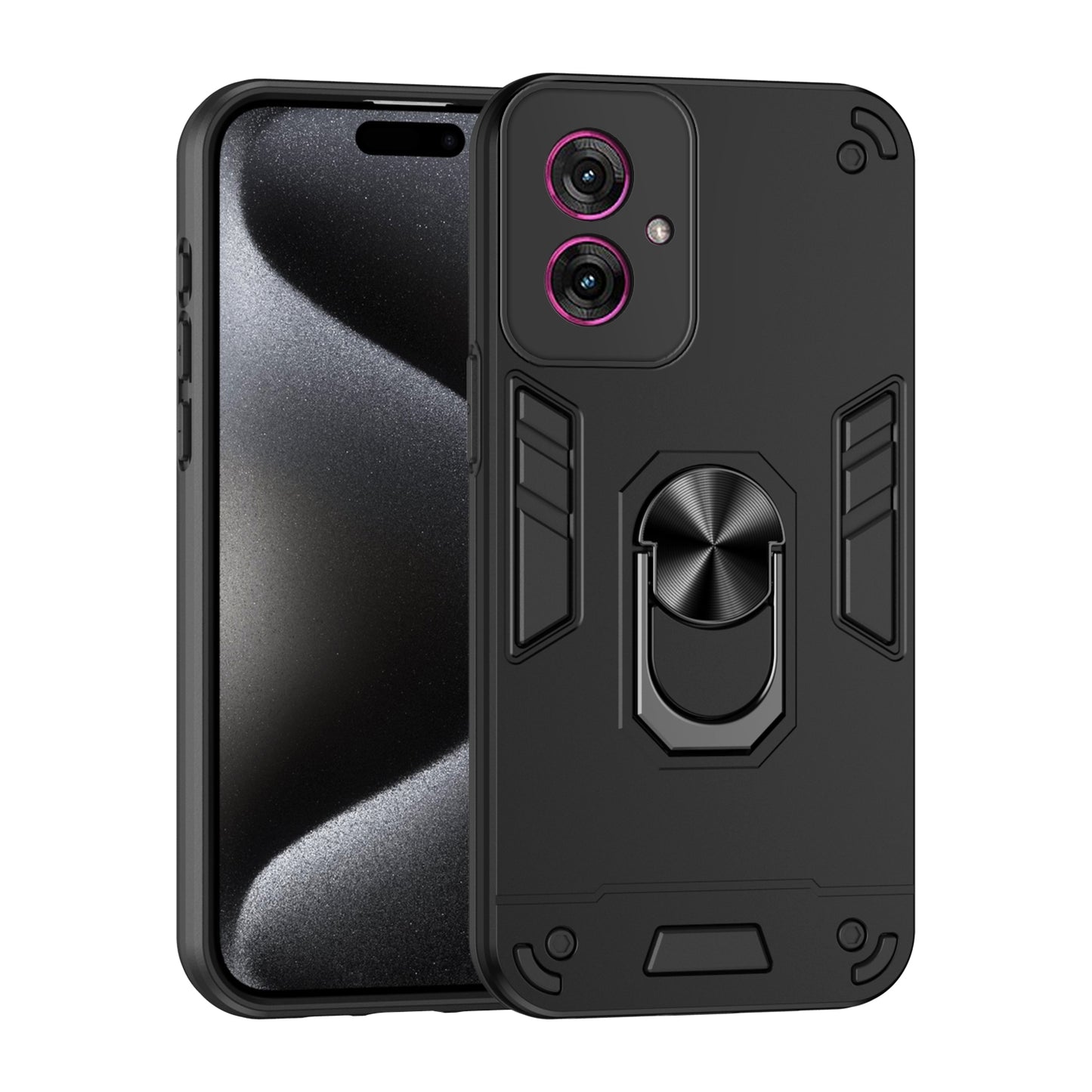 Motorola Moto G55 Shockproof Metal Ring Holder Phone Case with 360 degrees Rotating Kickstand, Ultra Slim Protective Cover, Raised Camera Guard, PC Silicone Armour Shell, Anti-Scratch Back & Edge Protection