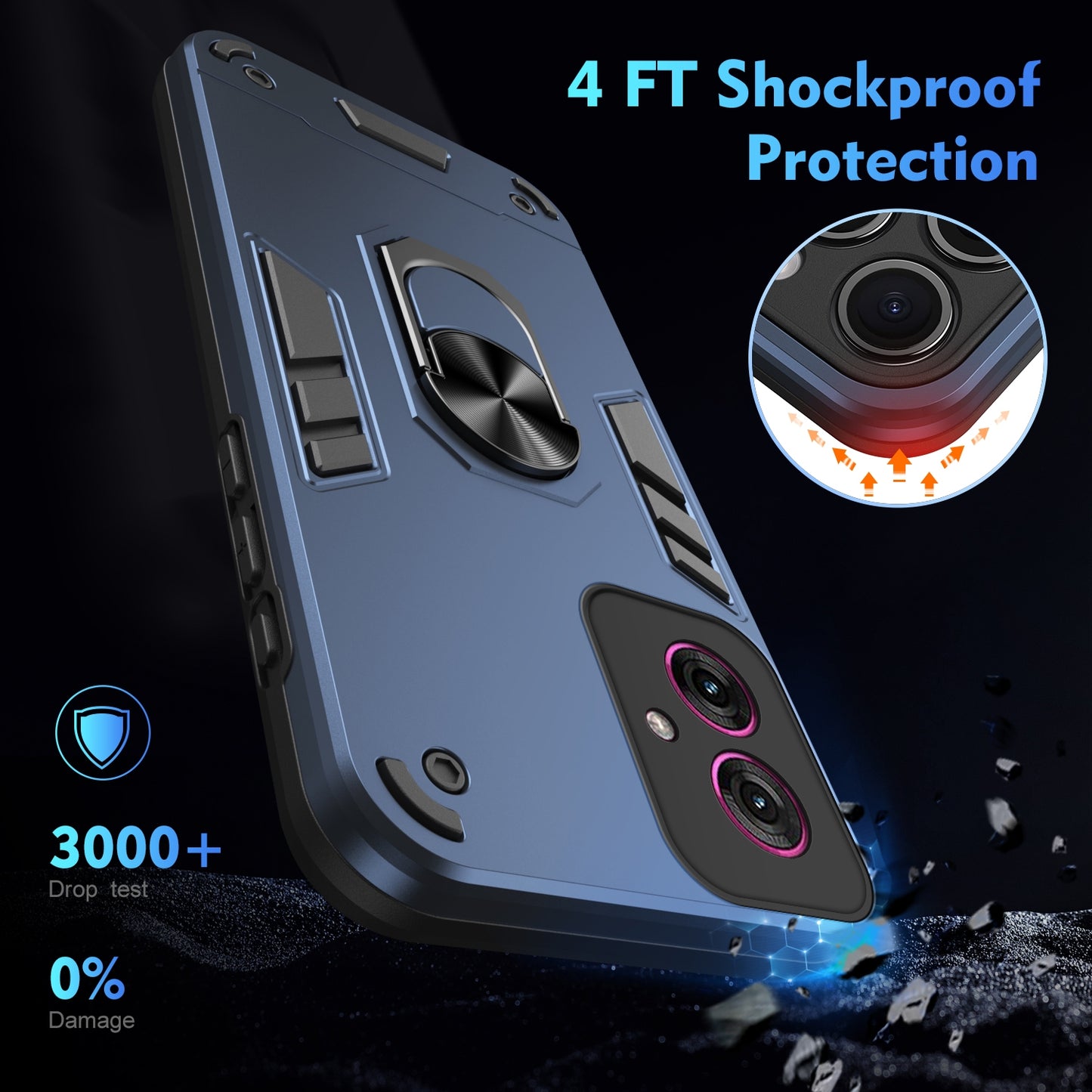 Motorola Moto G55 Shockproof Metal Ring Holder Phone Case with 360 degrees Rotating Kickstand, Ultra Slim Protective Cover, Raised Camera Guard, PC Silicone Armour Shell, Anti-Scratch Back & Edge Protection