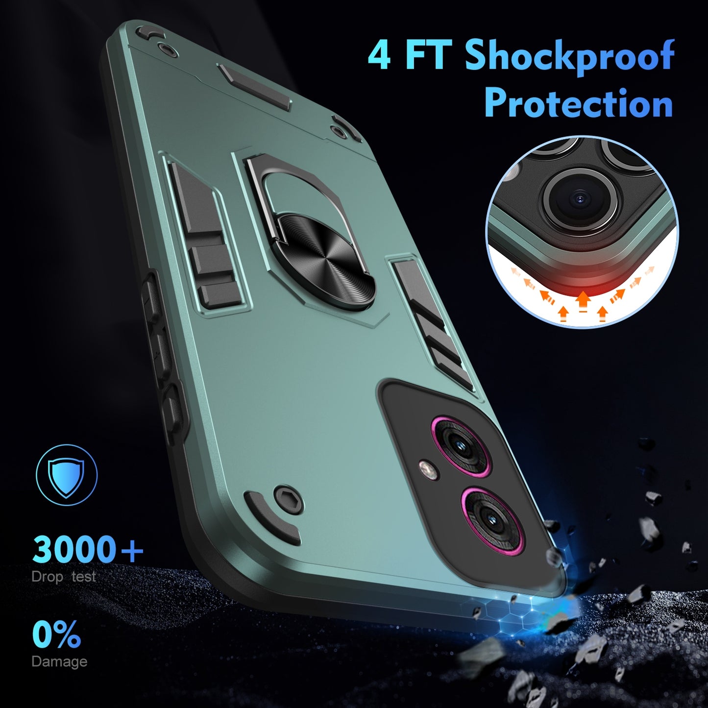 Motorola Moto G55 Shockproof Metal Ring Holder Phone Case with 360 degrees Rotating Kickstand, Ultra Slim Protective Cover, Raised Camera Guard, PC Silicone Armour Shell, Anti-Scratch Back & Edge Protection