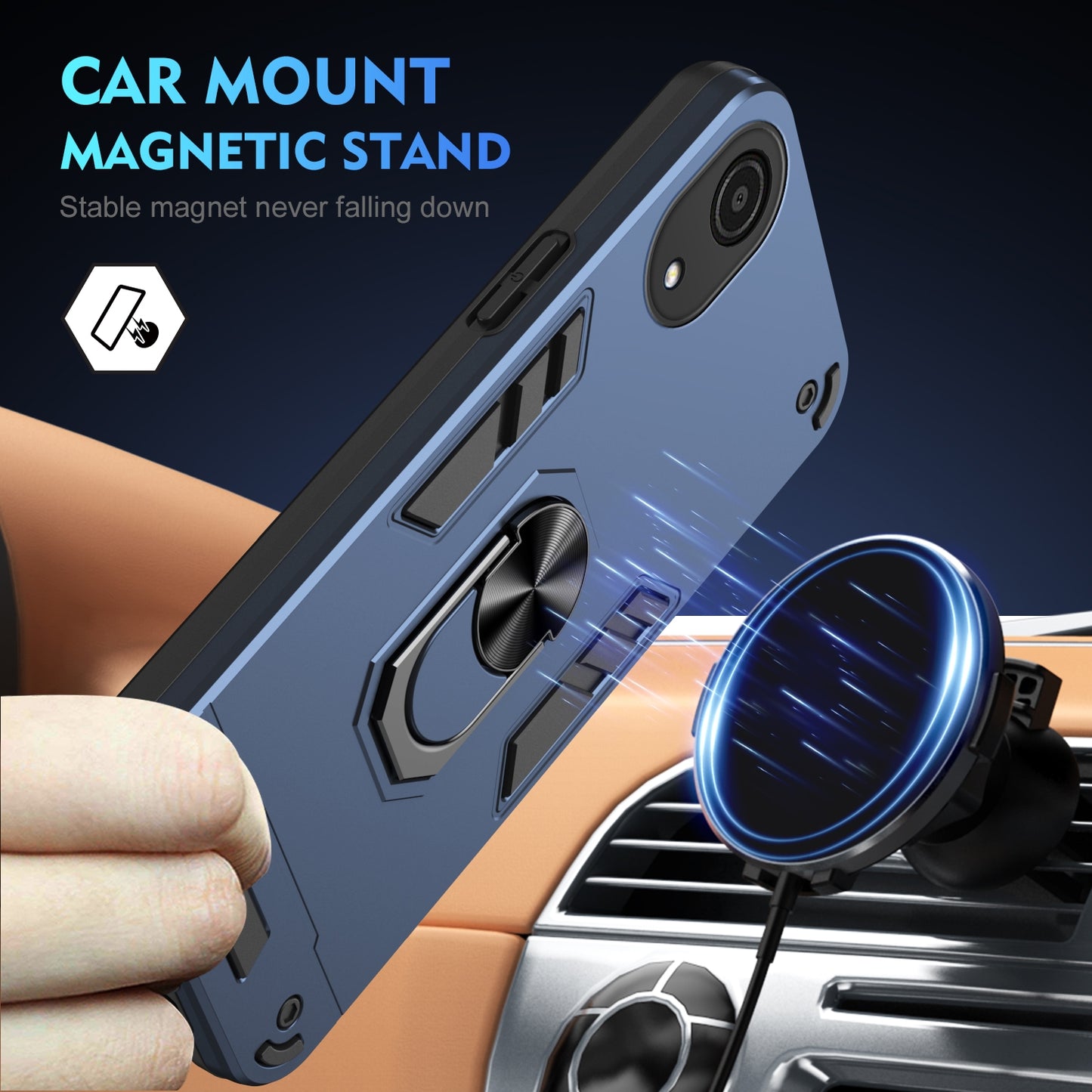 Samsung Galaxy A03 Core Shockproof Metal Ring Holder Phone Case with 360 degrees Rotating Kickstand, Ultra Slim Protective Cover, Raised Camera Guard, PC Silicone Armour Shell, Anti-Scratch Back & Edge Protection