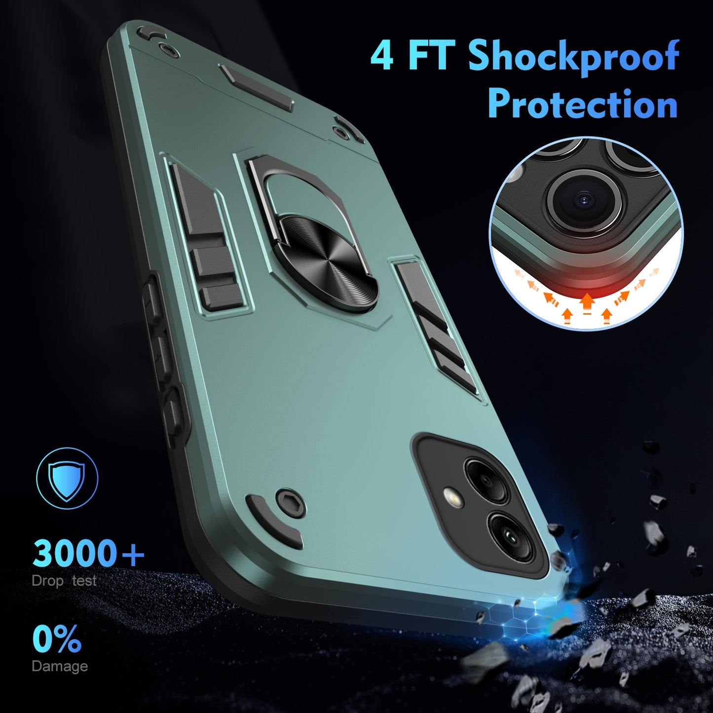 Samsung Galaxy A04 Shockproof Metal Ring Holder Phone Case with 360 degrees Rotating Kickstand, Ultra Slim Protective Cover, Raised Camera Guard, PC Silicone Armour Shell, Anti-Scratch Back & Edge Protection