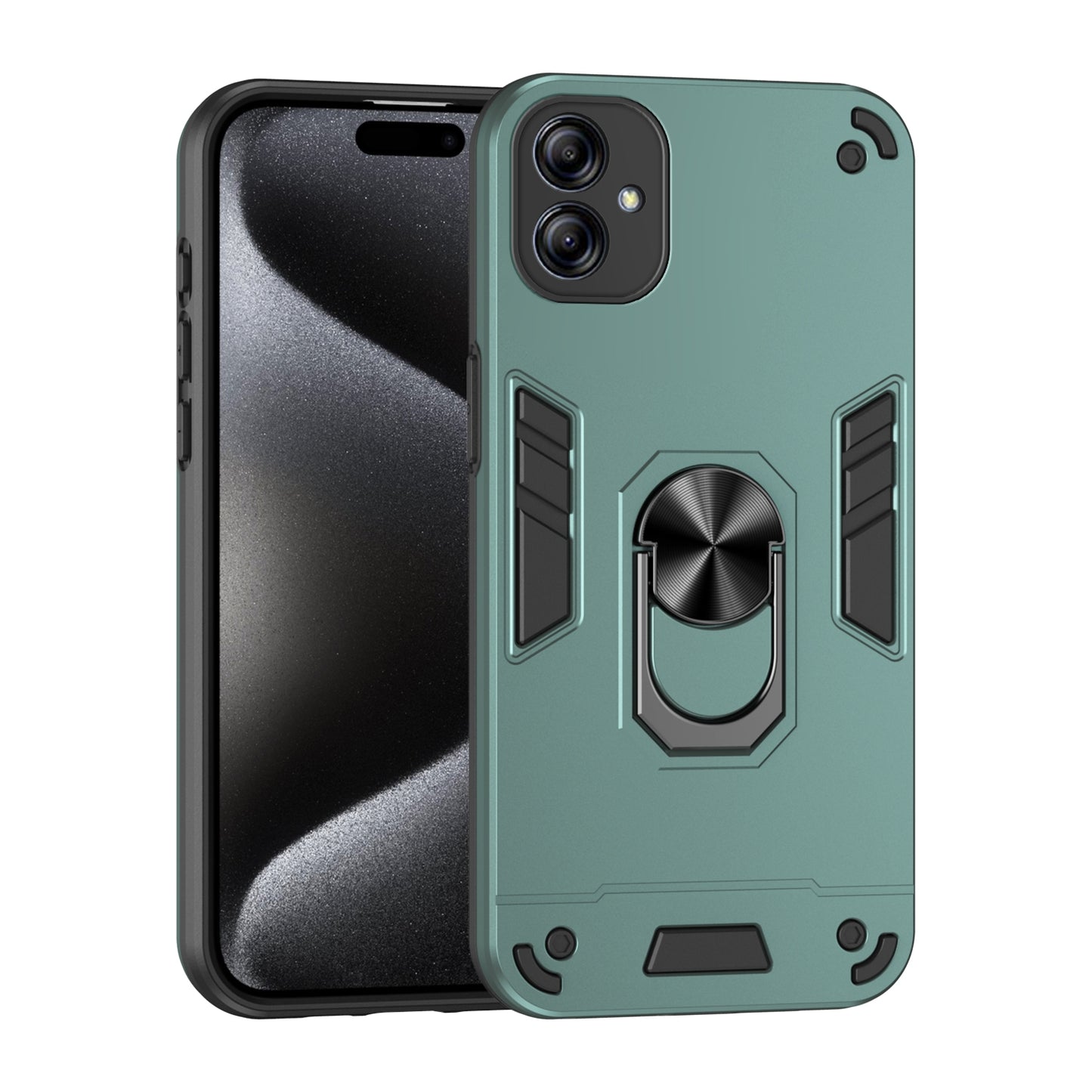 Samsung Galaxy A04e Shockproof Metal Ring Holder Phone Case with 360 degrees Rotating Kickstand, Ultra Slim Protective Cover, Raised Camera Guard, PC Silicone Armour Shell, Anti-Scratch Back & Edge Protection