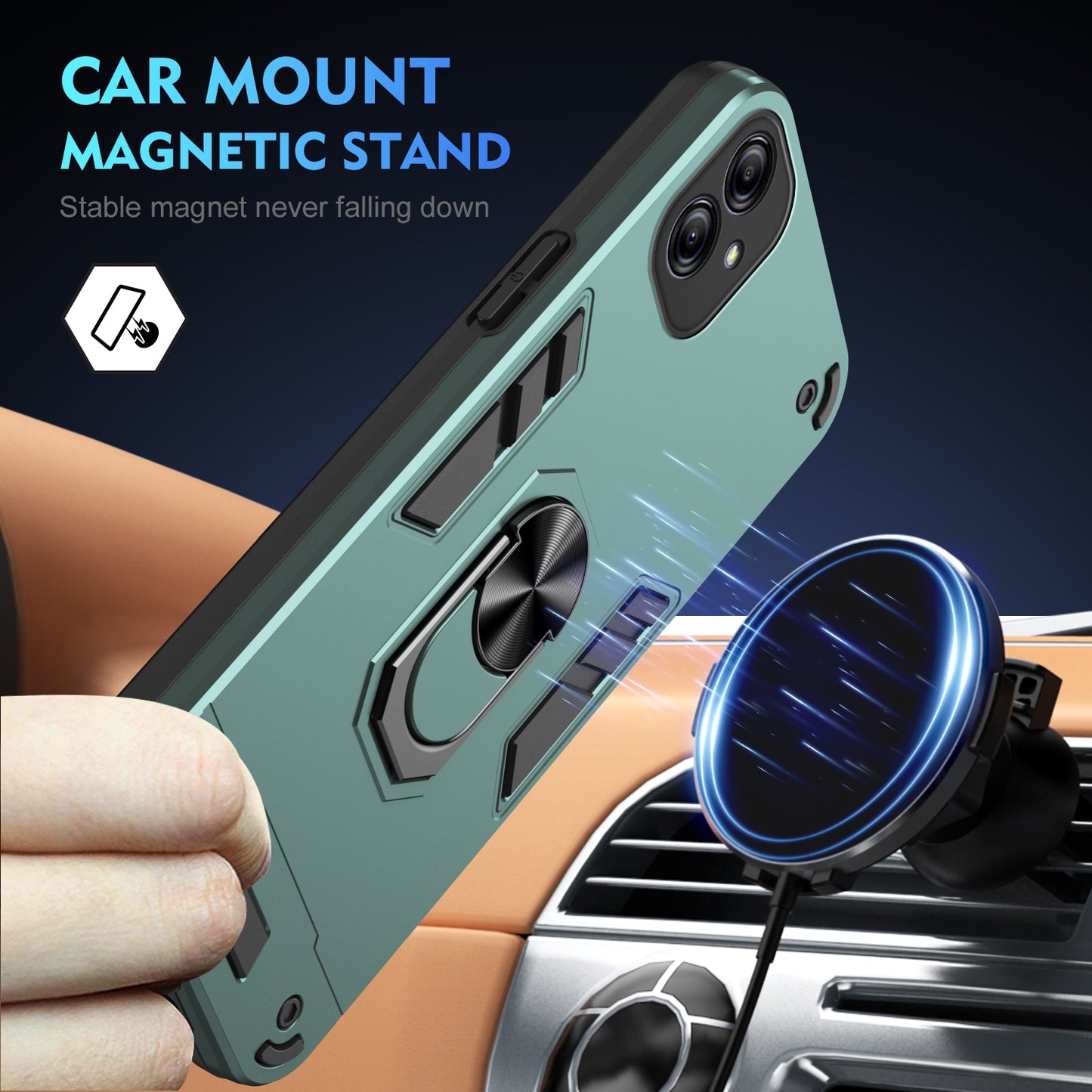Samsung Galaxy A04e Shockproof Metal Ring Holder Phone Case with 360 degrees Rotating Kickstand, Ultra Slim Protective Cover, Raised Camera Guard, PC Silicone Armour Shell, Anti-Scratch Back & Edge Protection