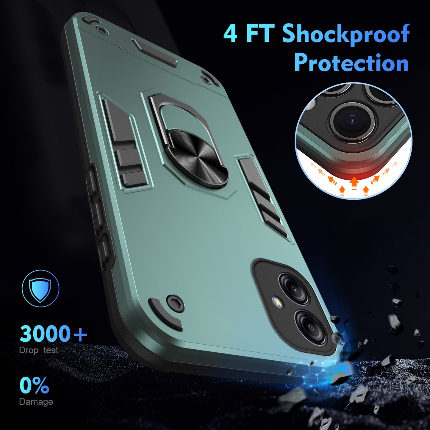 Samsung Galaxy A04e Shockproof Metal Ring Holder Phone Case with 360 degrees Rotating Kickstand, Ultra Slim Protective Cover, Raised Camera Guard, PC Silicone Armour Shell, Anti-Scratch Back & Edge Protection