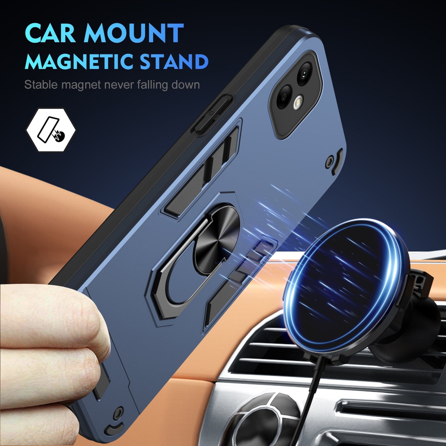 Samsung Galaxy A05e Shockproof Metal Ring Holder Phone Case with 360 degrees Rotating Kickstand, Ultra Slim Protective Cover, Raised Camera Guard, PC Silicone Armour Shell, Anti-Scratch Back & Edge Protection