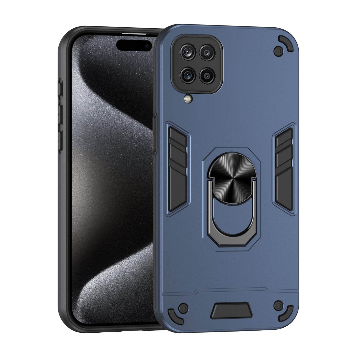 Samsung Galaxy A12 Shockproof Metal Ring Holder Phone Case with 360 degrees Rotating Kickstand, Ultra Slim Protective Cover, Raised Camera Guard, PC Silicone Armour Shell, Anti-Scratch Back & Edge Protection