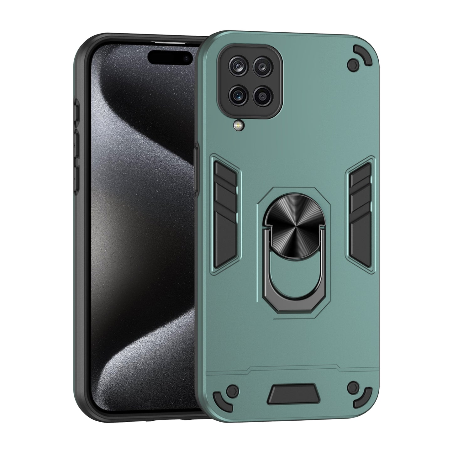 Samsung Galaxy A12 Shockproof Metal Ring Holder Phone Case with 360 degrees Rotating Kickstand, Ultra Slim Protective Cover, Raised Camera Guard, PC Silicone Armour Shell, Anti-Scratch Back & Edge Protection