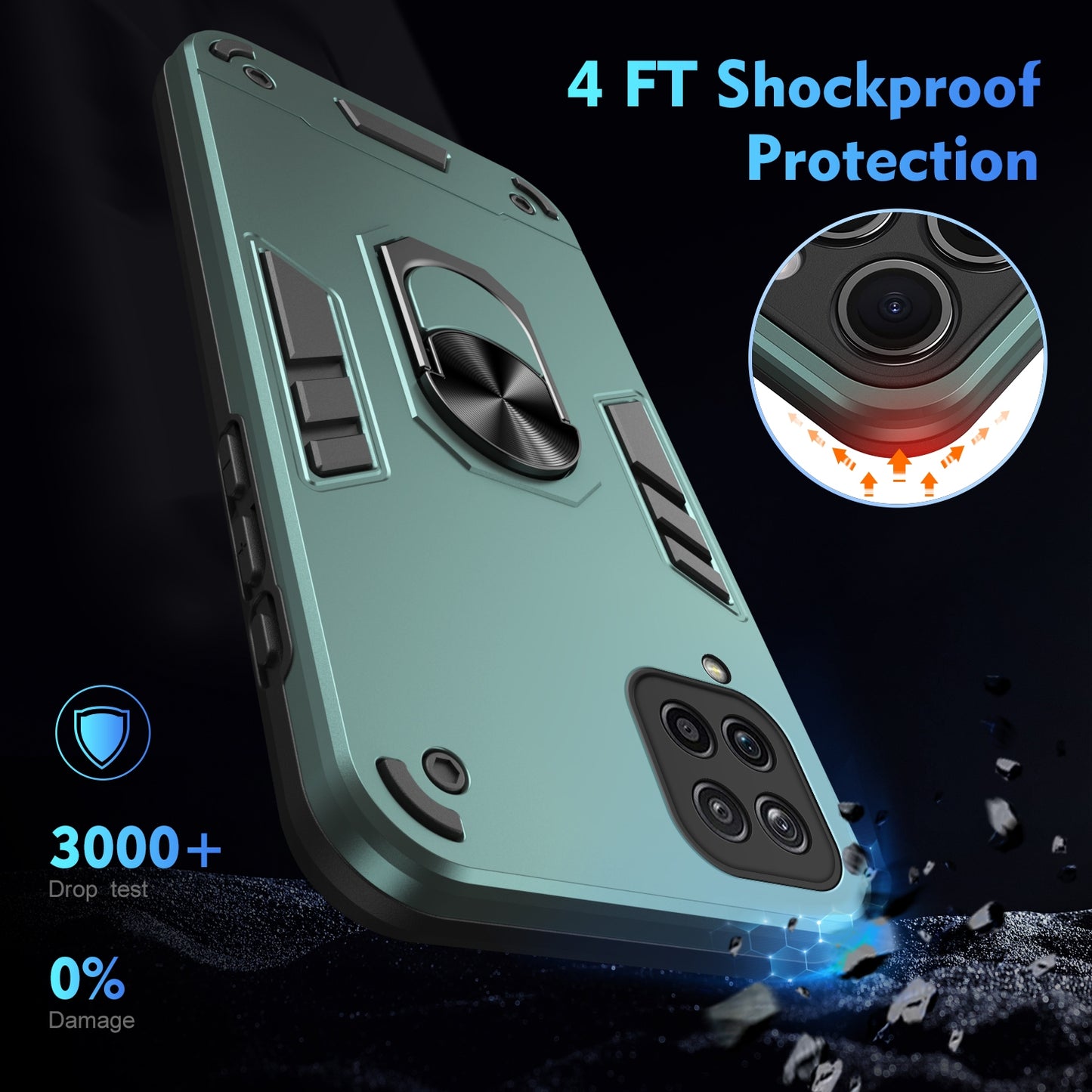 Samsung Galaxy A12 Shockproof Metal Ring Holder Phone Case with 360 degrees Rotating Kickstand, Ultra Slim Protective Cover, Raised Camera Guard, PC Silicone Armour Shell, Anti-Scratch Back & Edge Protection