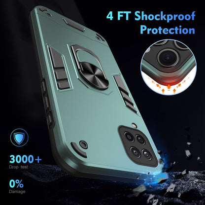 Samsung Galaxy A12 Shockproof Metal Ring Holder Phone Case with 360 degrees Rotating Kickstand, Ultra Slim Protective Cover, Raised Camera Guard, PC Silicone Armour Shell, Anti-Scratch Back & Edge Protection