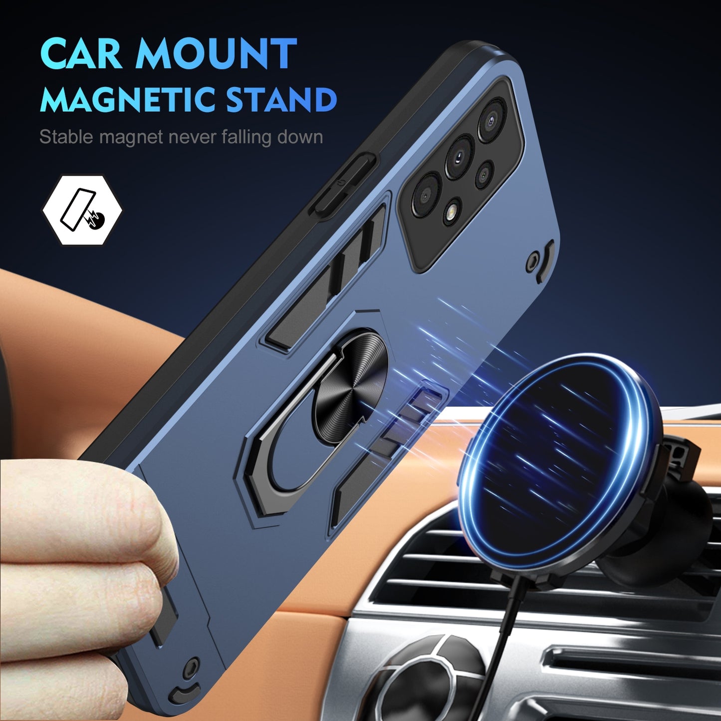 Samsung Galaxy A13 Shockproof Metal Ring Holder Phone Case with 360 degrees Rotating Kickstand, Ultra Slim Protective Cover, Raised Camera Guard, PC Silicone Armour Shell, Anti-Scratch Back & Edge Protection