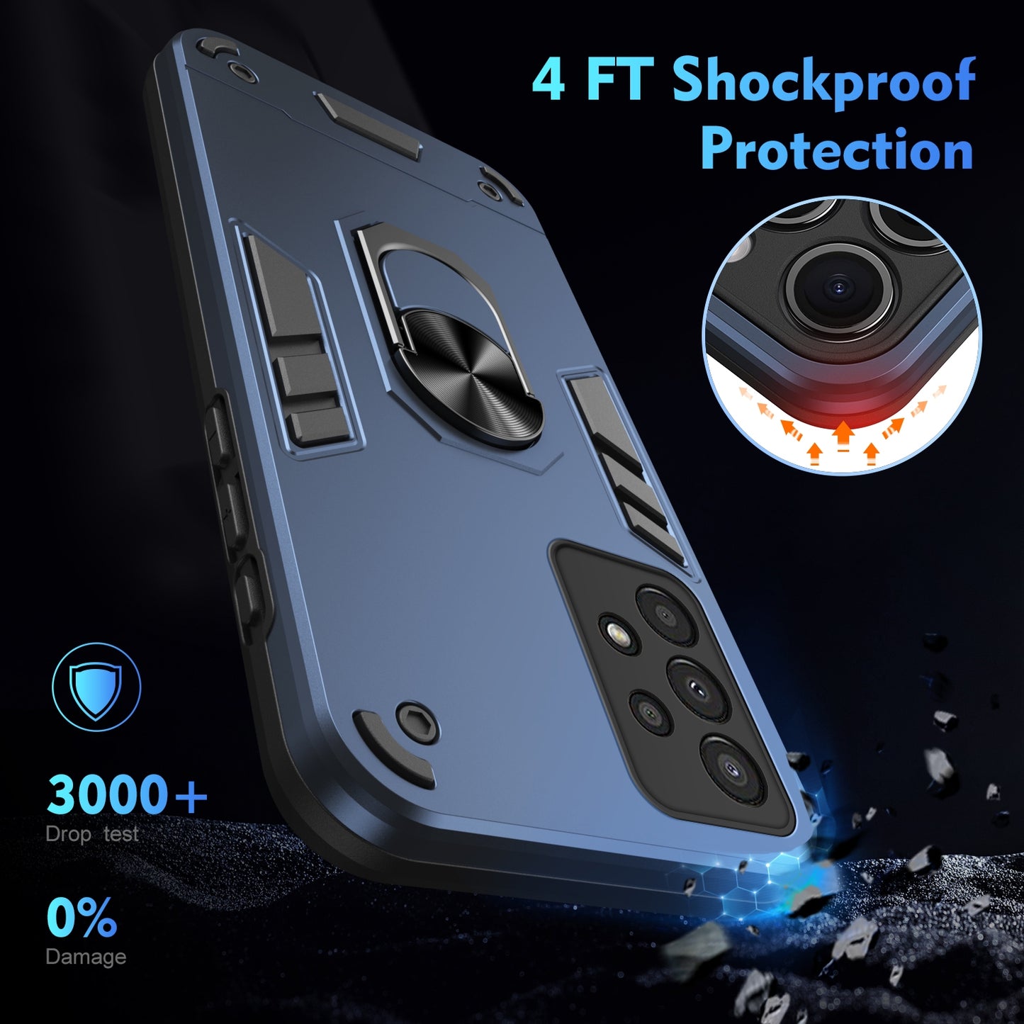 Samsung Galaxy A13 Shockproof Metal Ring Holder Phone Case with 360 degrees Rotating Kickstand, Ultra Slim Protective Cover, Raised Camera Guard, PC Silicone Armour Shell, Anti-Scratch Back & Edge Protection